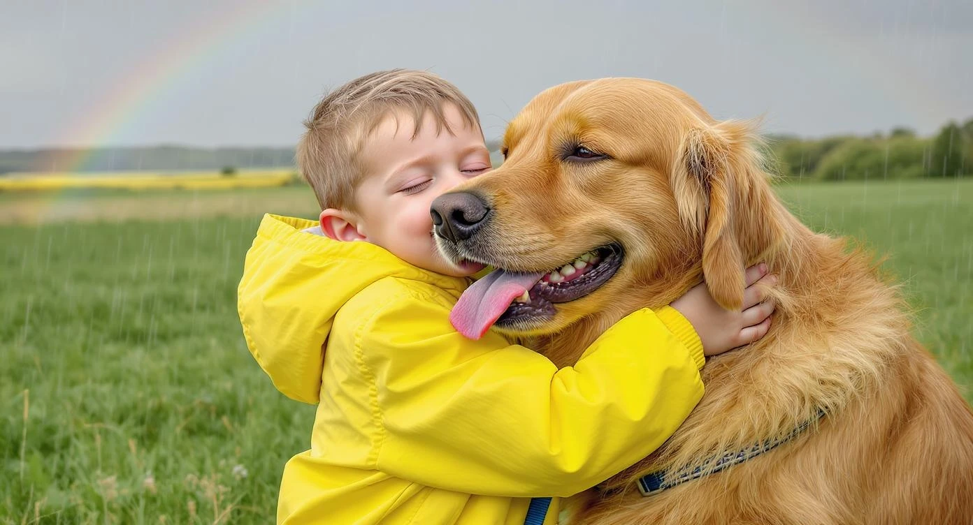 A little boy in a yellow raincoat joyfully hugging a large Golden Retriever on a grassy field just after the rain. The dog is enthusiastically licking his cheek. In the background is the wet grass and a faint rainbow. Close-up shot, capturing the child's pure joy and the dog's gentle nature. Photo filled with natural light, clean and bright composition, realistic texture.