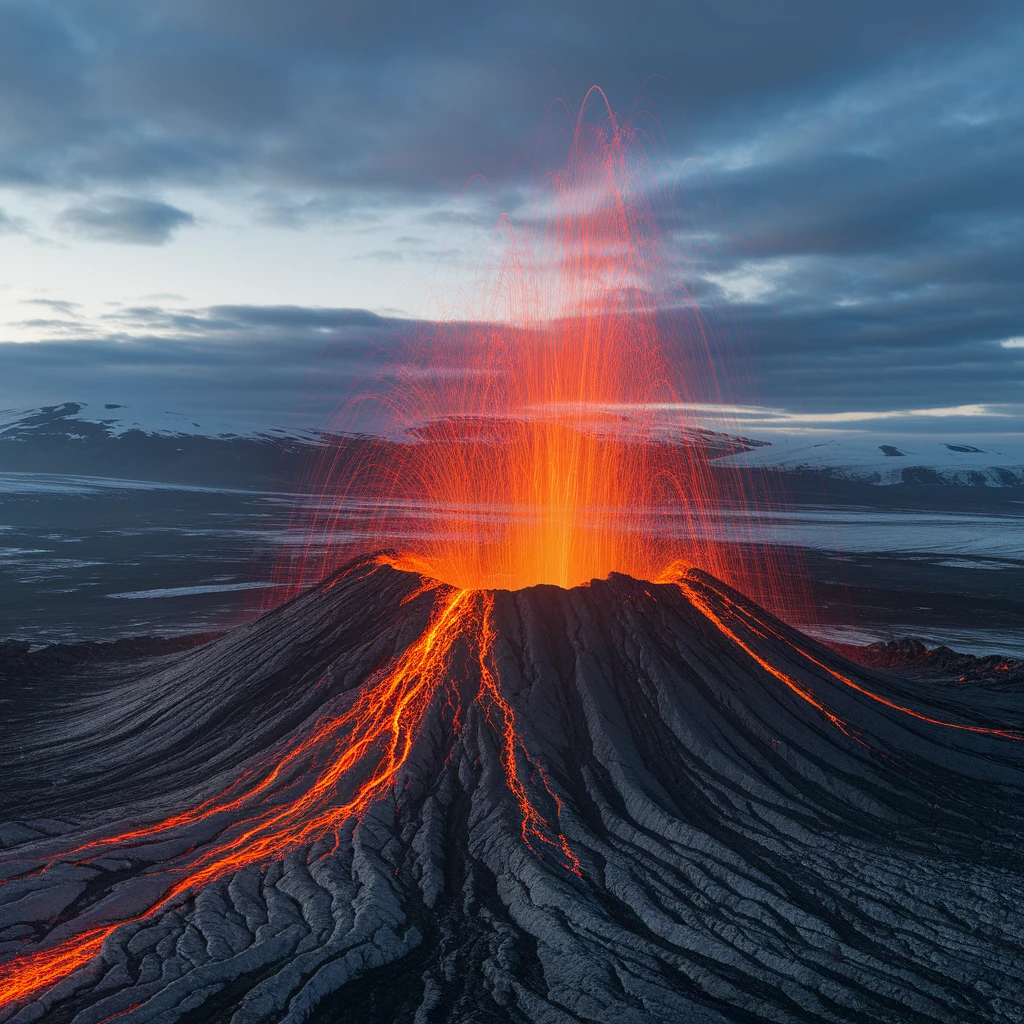An Icelandic volcano violently erupts, molten lava flowing from its crater, creating a stark contrast with the surrounding glaciers. Drone footage, the camera slowly descends from high above, approaching the crater, showing the raw power of nature. Professional documentary style, high impact.