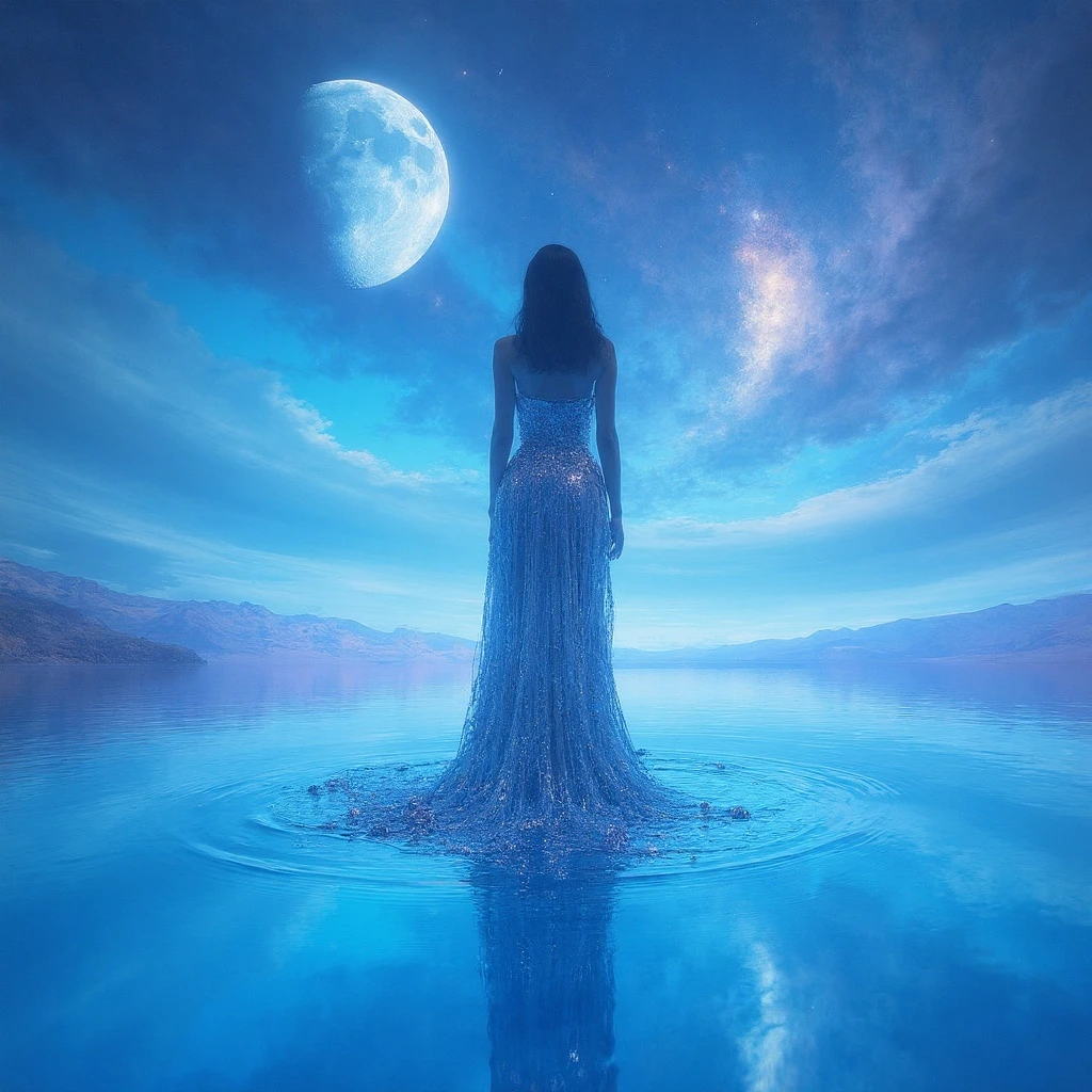 A surreal, artistic portrait of a model standing in a shallow, mirror-like pool of water. The sky above is filled with two moons and swirling, nebula-like clouds. She is wearing a sculptural, iridescent dress that seems to be made of liquid metal. The reflection in the water is perfectly clear. The entire scene is bathed in an ethereal, otherworldly blue and purple light. Conceptual, high-fashion, inspired by the art of Salvador Dalí.
