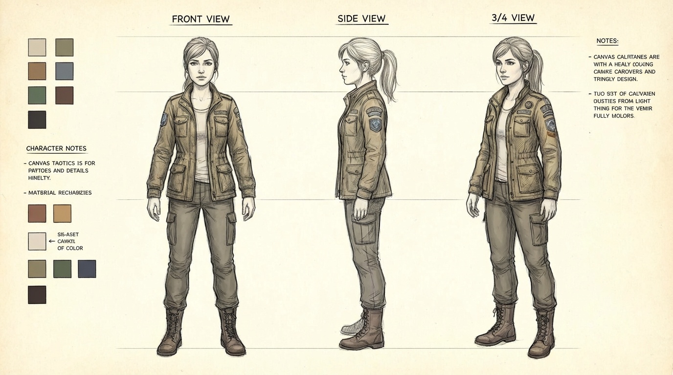 Same female character, 3-angle turnaround (front, side, 3/4), consistent face and lighting, detailed outfit texture, animation design sheet.