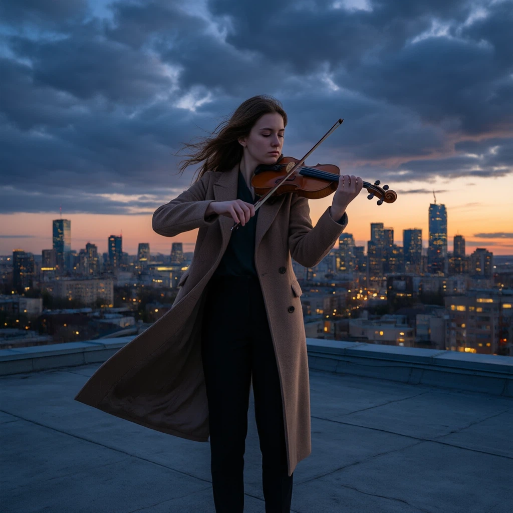 A young violinist performing alone on a rooftop at twilight, city skyline glowing behind her, wind moving her long coat, dramatic clouds above, emotional cinematic scene, elegant pose, realistic photography, wide-angle composition, soft blue and orange lighting.