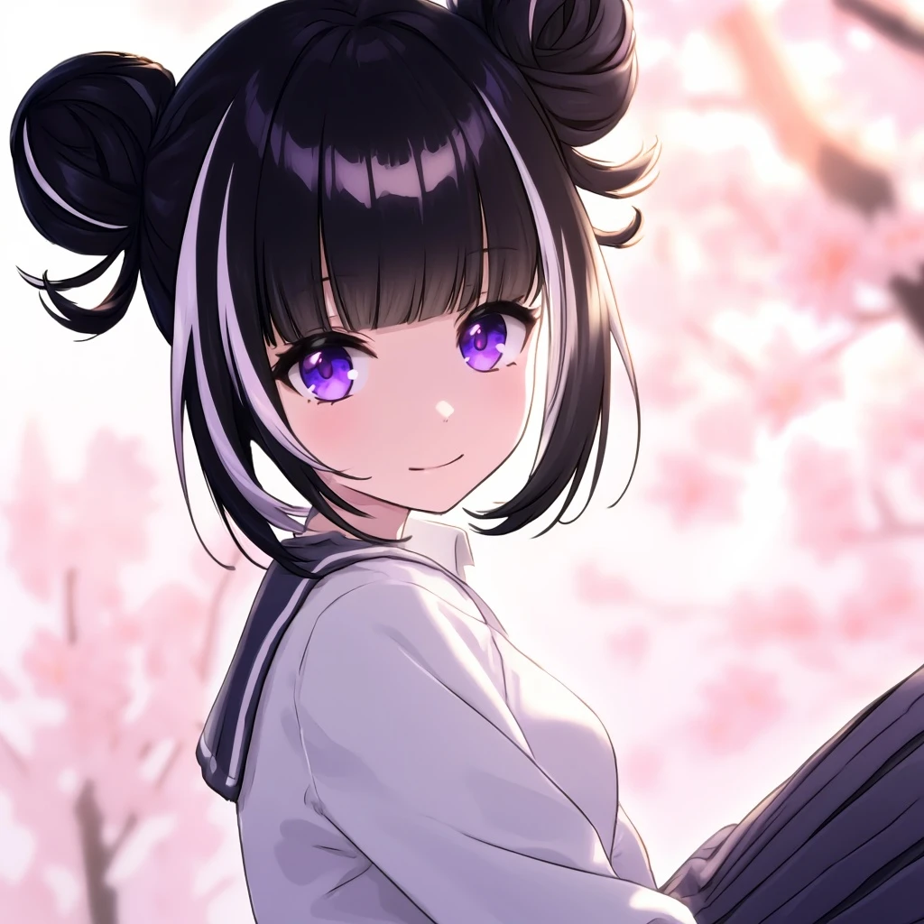 1 girl, solo, bangs, black hair, purple eyes, multicolored hair,
virtual youtuber, hair bun, streaked hair, double bun, school uniform, white shirt, pleated skirt,
gentle smile, looking at viewer, sitting, upper body, close‑up, soft lighting, depth of field,
cherry blossom background, warm lighting, best quality