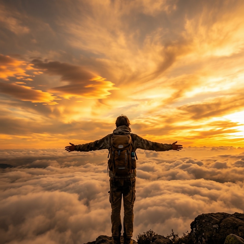 Change the background sky to a golden sunset and add soft clouds. Keep the main subject completely unchanged (face, clothes, pose, outline, details). Maintain the original light direction and shadows to achieve a natural, realistic, and highly detailed image.