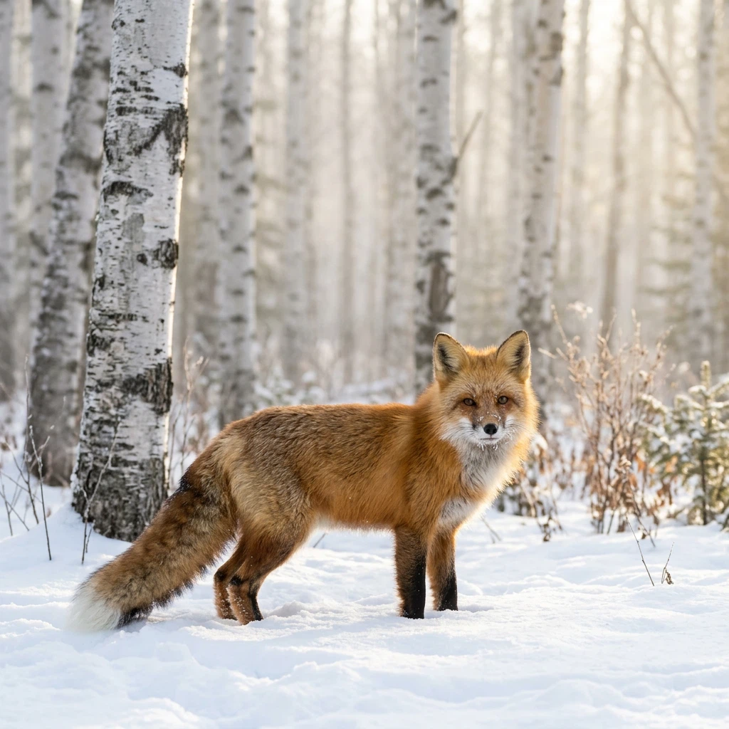 A red fox standing in fresh snow in a birch forest, morning mist and soft backlight, telephoto wildlife photograph, sharp fur detail