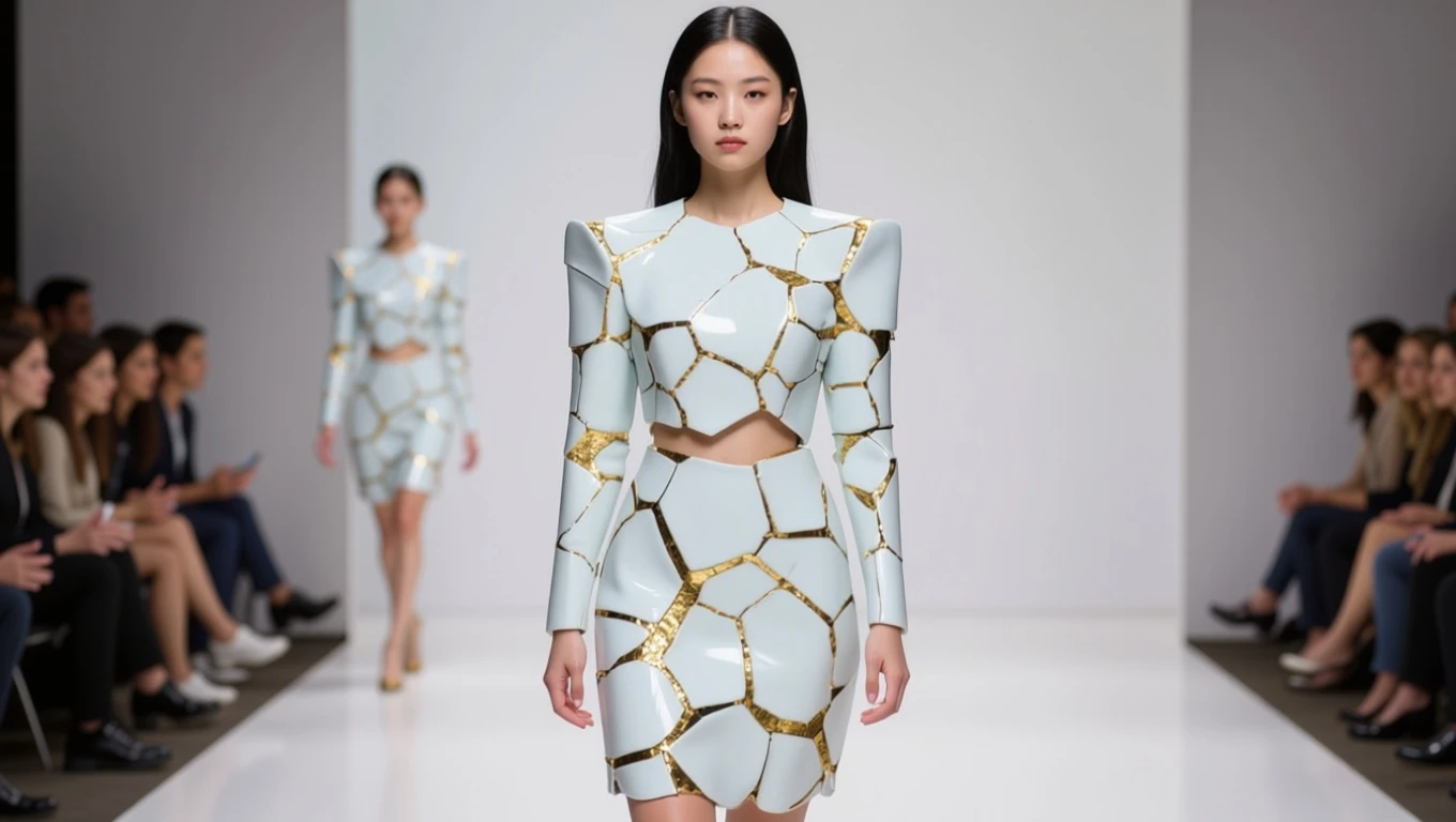 The girl is walking the runway.