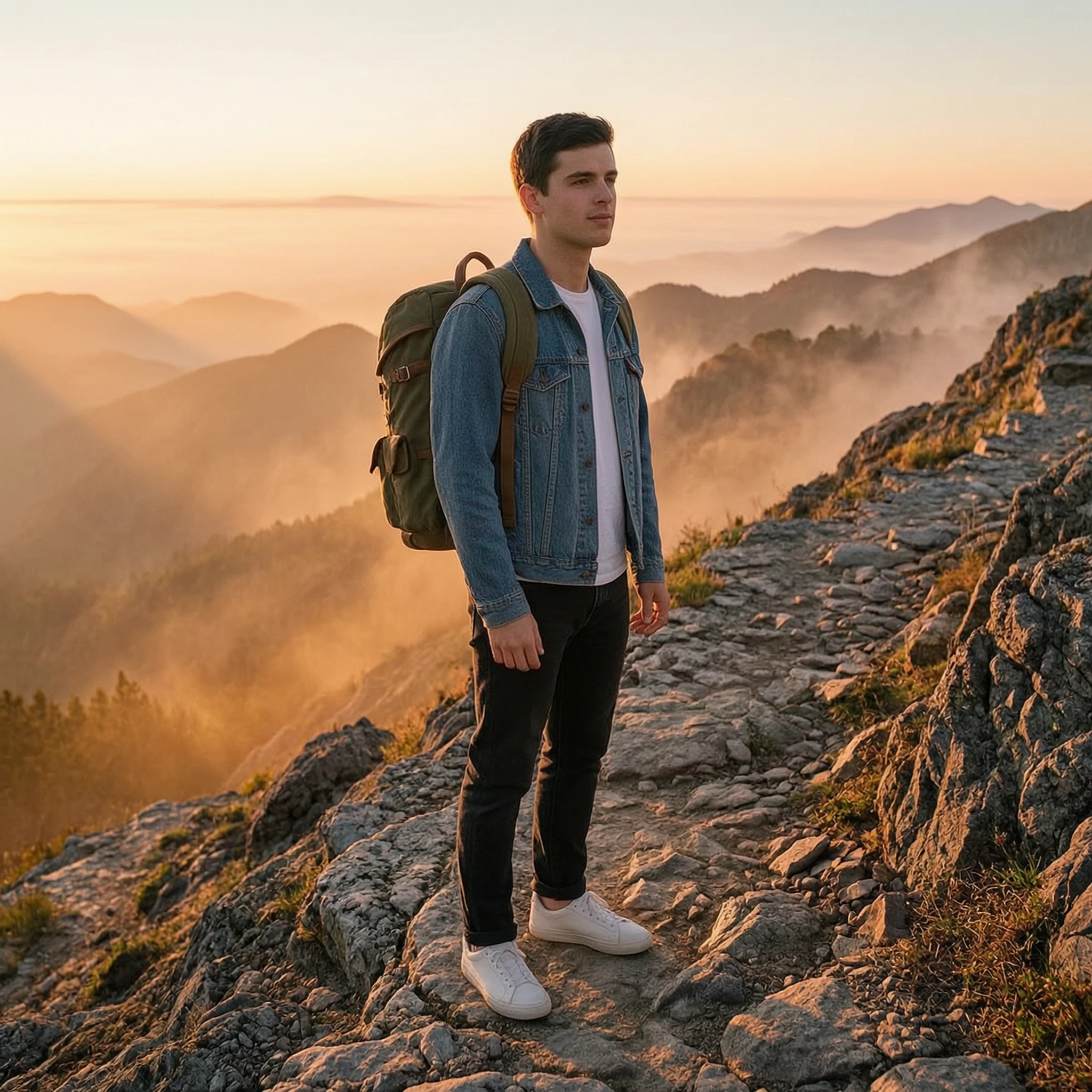 The man from Figure 1 wears the olive green backpack from Figure 2 while hiking on a rocky mountain trail at sunrise, with a view of misty valleys behind him. Keep his face and clothing unchanged.