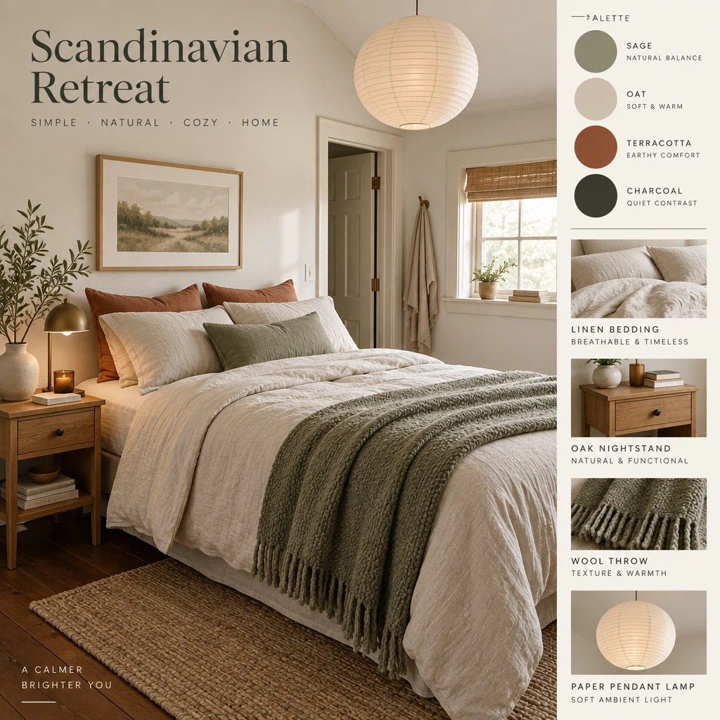 Redesign this bedroom as a cozy Scandinavian retreat and present it as an interior design mood board. Show the redesigned room as the main photo, with a side panel of color swatches (sage, oat, terracotta, charcoal) and small labeled cards: "Linen bedding", "Oak nightstand", "Wool throw", "Paper pendant lamp". Clean editorial layout.