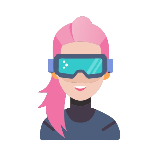 Flat icon of a cyberpunk girl with pink hair and VR goggles, simple shapes, high contrast, modern UI design, clean vector look