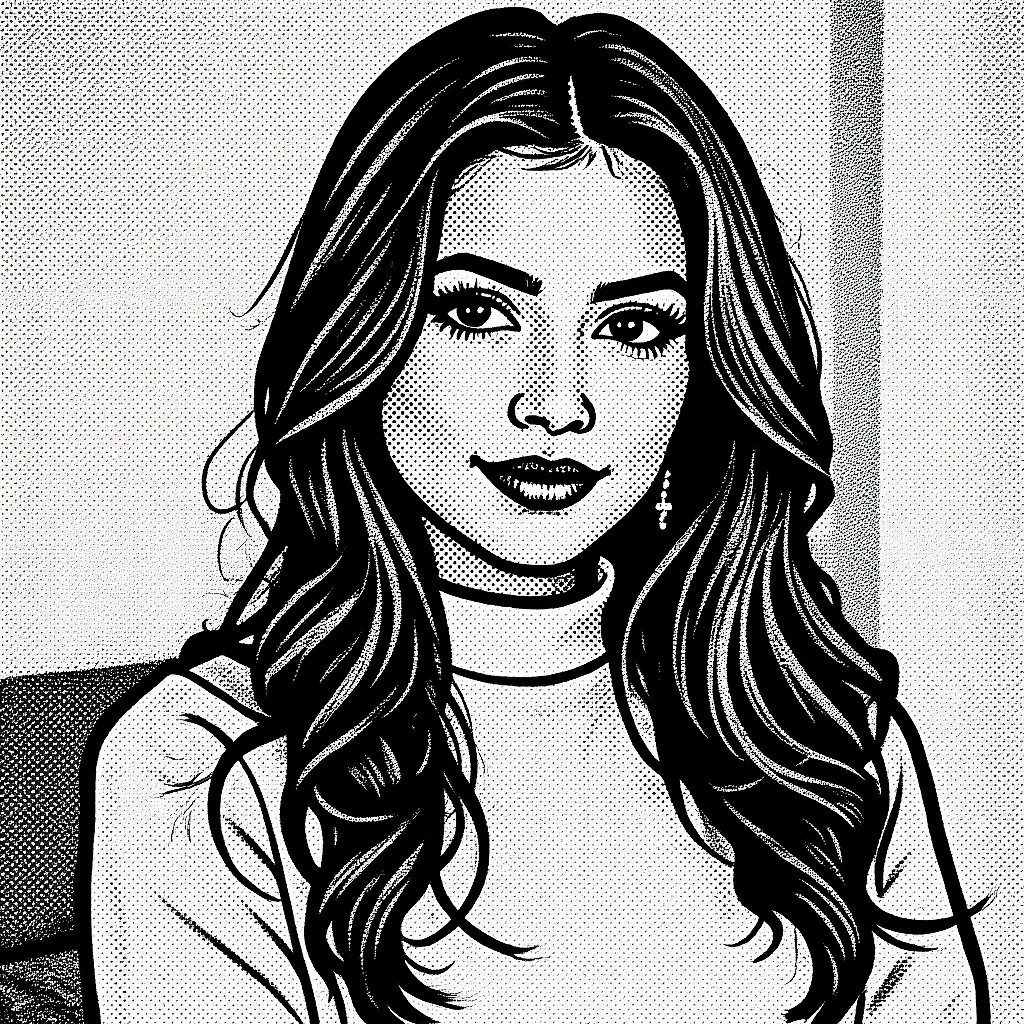 A young girl, slightly hair, portrait, blockprint style