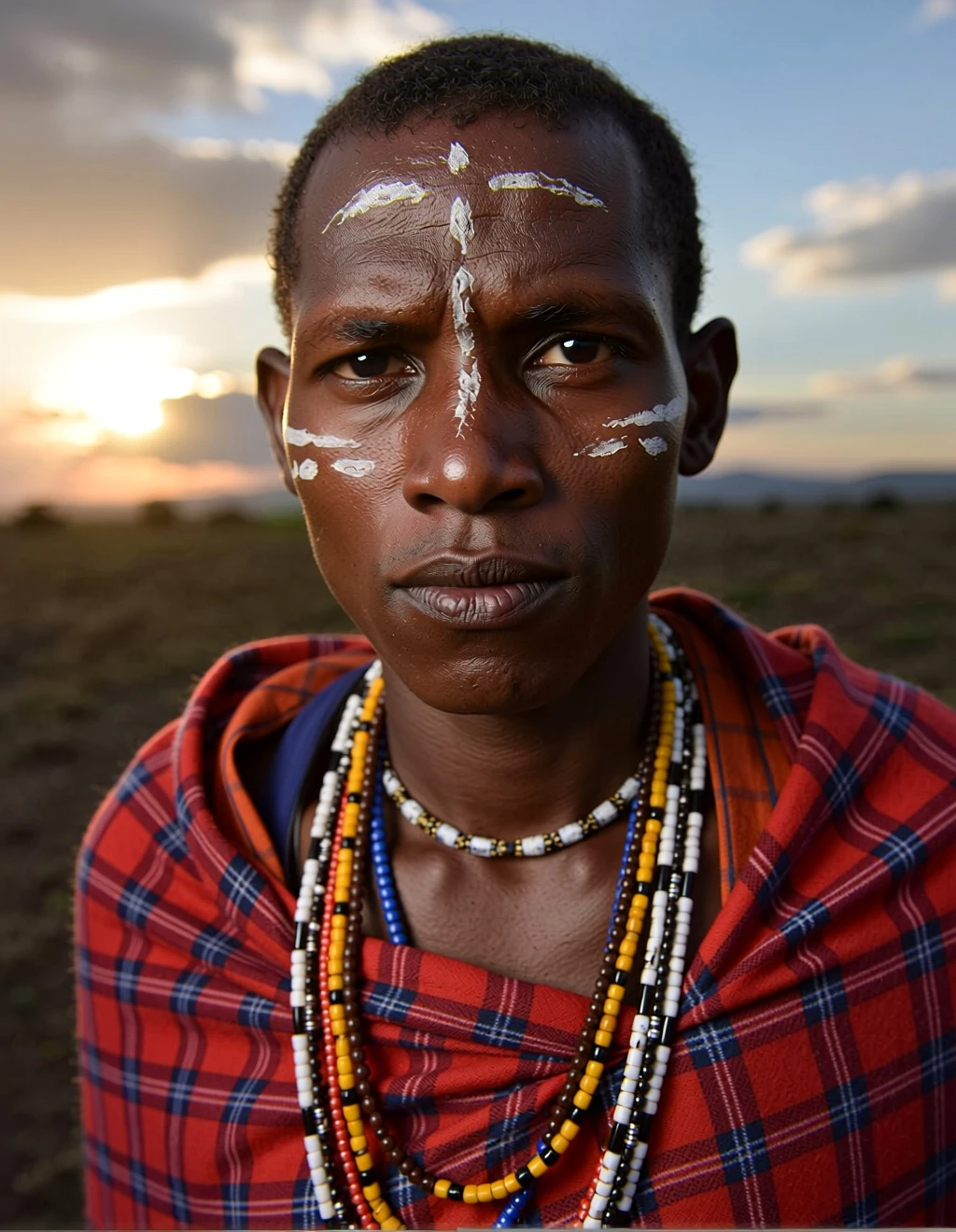 Dignified portrait of a Maasai elder, weathered face with intricate tribal face paint, wearing vibrant red Shúka (cloth) and elaborate beaded necklaces. Standing against the vast, sun-drenched savanna at sunset. National Geographic style, telephoto lens, sharp focus, respectful gaze.