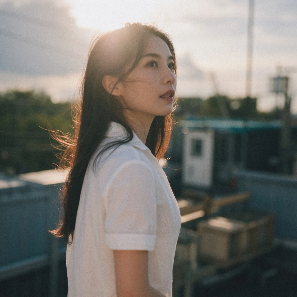 (masterpiece, best quality, 8k, ultra-detailed), 1girl, beautiful detailed face, long hair blowing in the wind, wearing a simple white one-piece dress, standing on a rooftop at sunset, (golden hour lighting:1.3), lens flare, dramatic shadows, looking into the distance, melancholic atmosphere, from side.