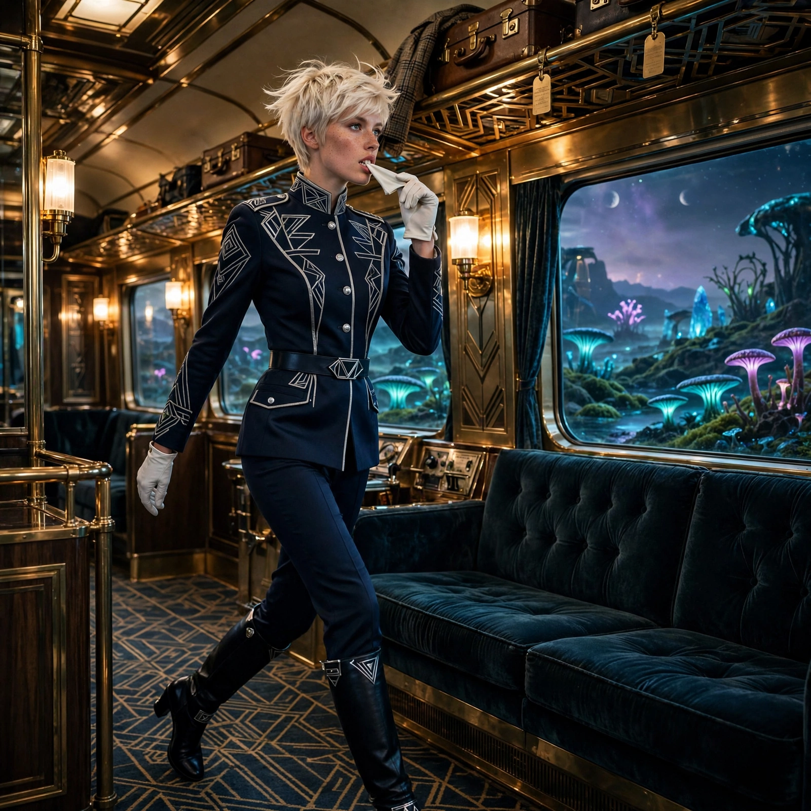 A striking young European woman walking through a luxurious retro-futuristic train carriage, captured mid-stride while fastening one white glove with her teeth, wearing a sharply tailored midnight-blue uniform with silver geometric details and knee-high boots, short platinum hair swept to one side, panoramic windows revealing a glowing alien landscape outside, polished brass and dark velvet interior, dramatic cinematic perspective, retro-futurism inspired by 1960s luxury travel, sophisticated editorial photography, rich textures, full body visible.