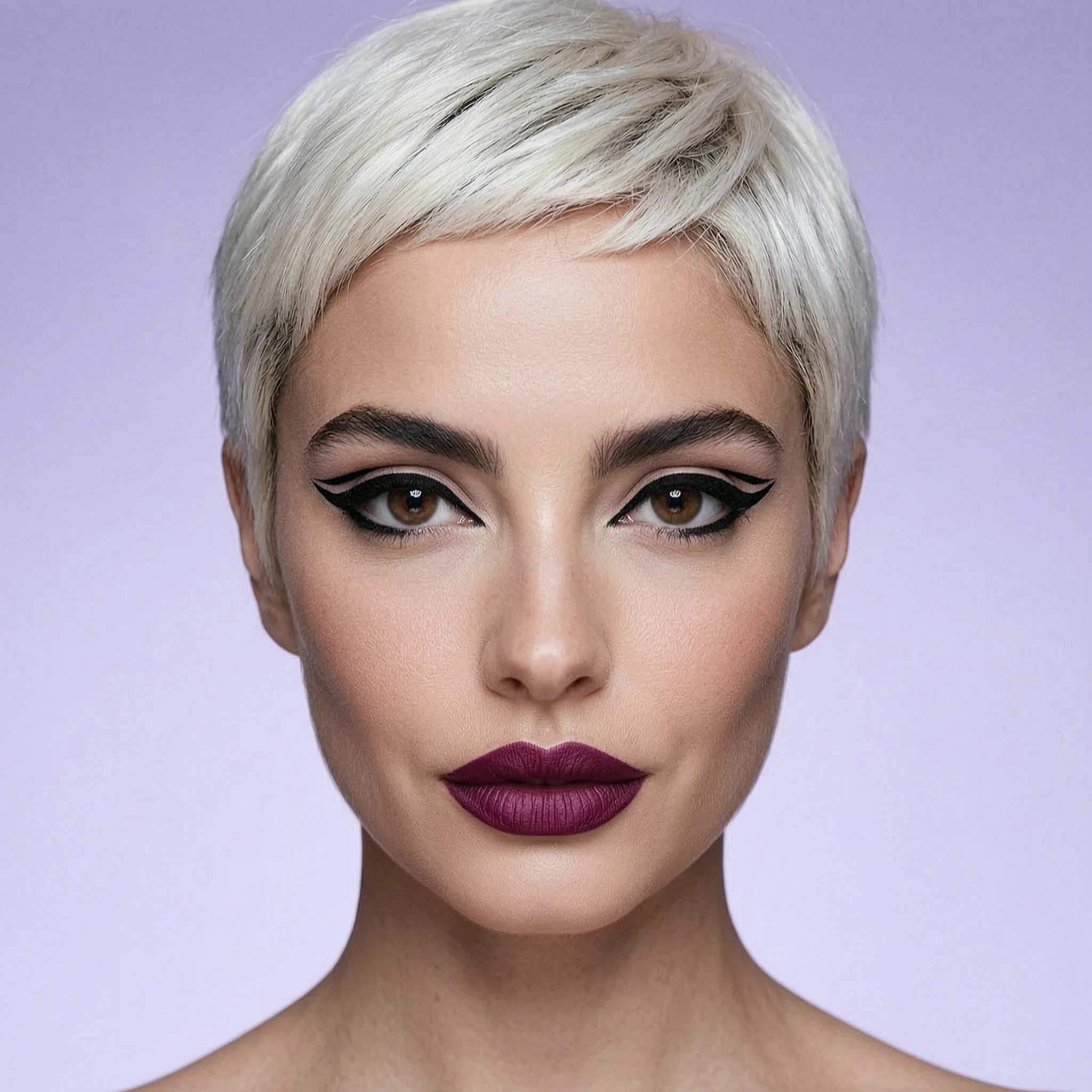 Keep the woman's face and identity unchanged. Give her a short platinum blonde pixie cut, bold graphic black eyeliner and a deep berry lipstick, and change the background to a soft lilac studio backdrop, high-fashion beauty editorial lighting.
