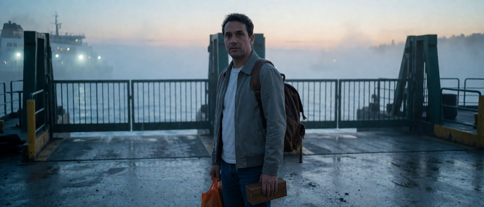 A cinematic coastal mystery still of a foreign adult man waiting at an empty ferry terminal before sunrise, holding a small wooden box, fog covering the water, distant ferry lights barely visible, cold blue atmosphere, expression of hesitation and hope, realistic movie photography, wide composition, ultra-detailed