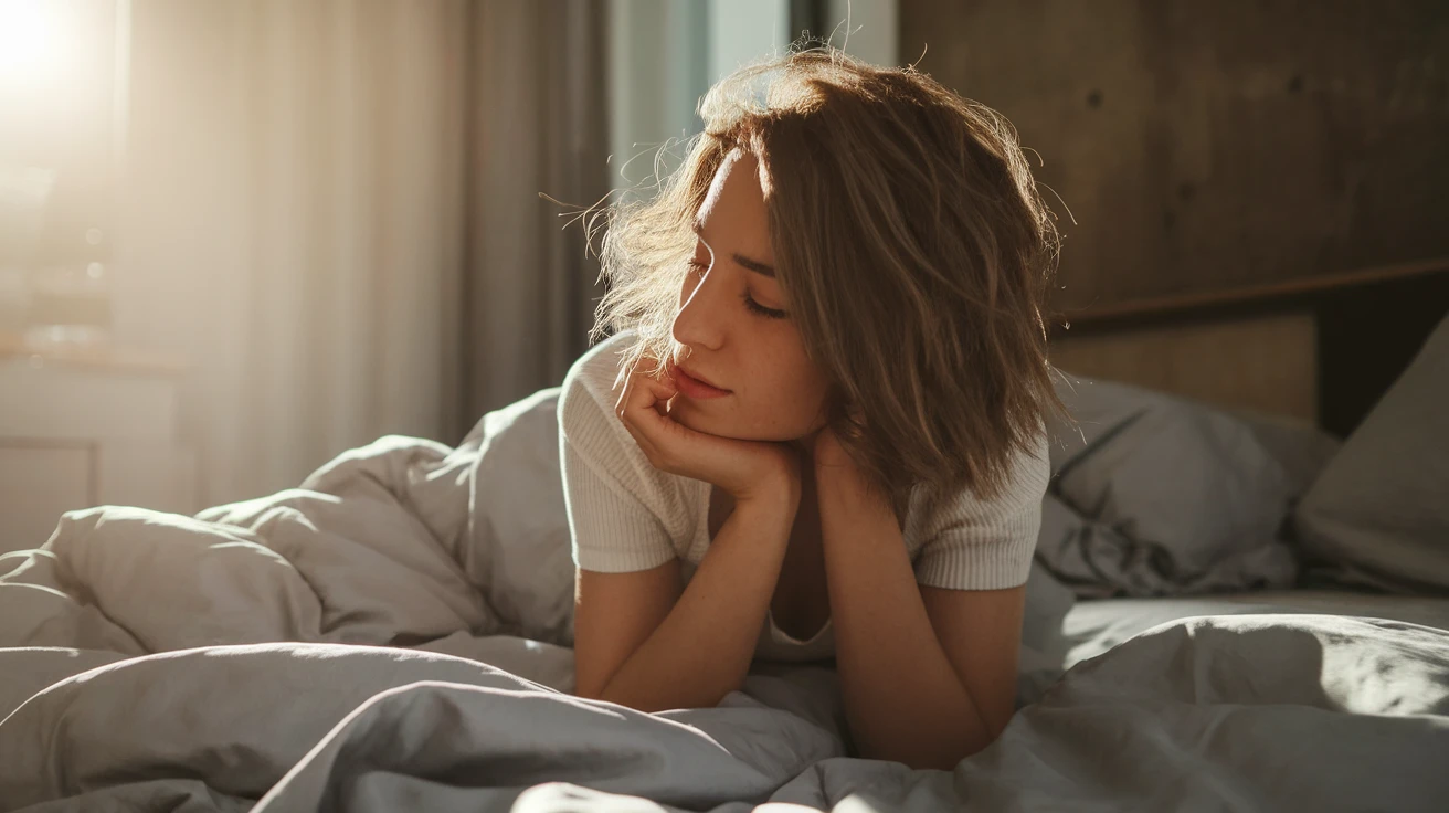 Young woman waking up in the morning sunlight, lying in bed with tousled hair, warm backlight, intimate and natural moment, realistic skin tones and fabric texture