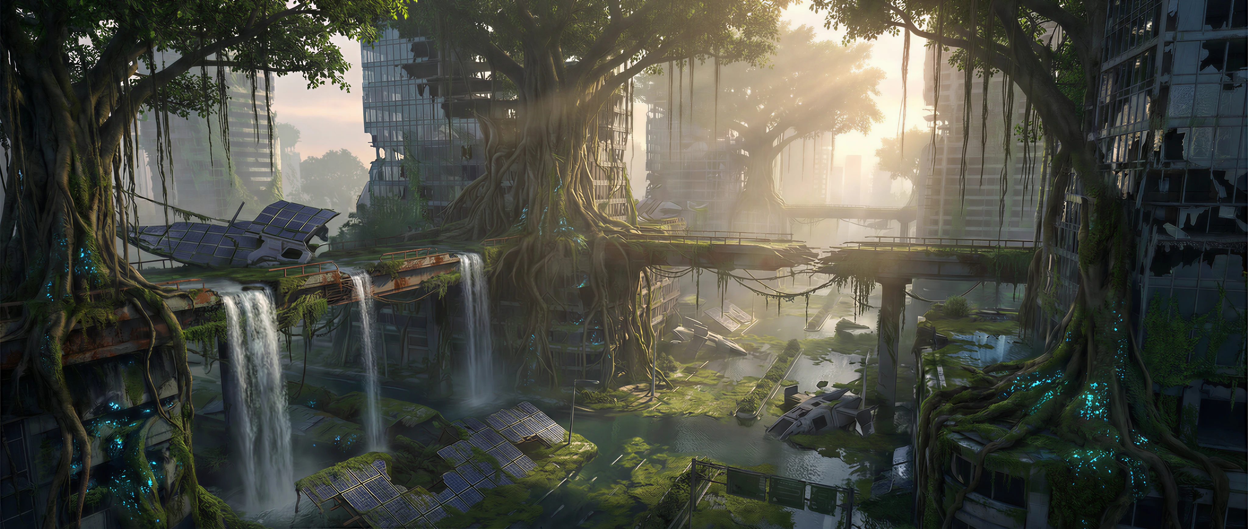 Aerial cinematic shot, Solarpunk aesthetic. The ruins of a futuristic cyber-city are being reclaimed by nature. Massive ancient banyan trees are growing out of shattered glass skyscrapers, their roots wrapping around the steel beams. Waterfalls are cascading from broken penthouse windows into flooded streets below. Bioluminescent moss covers the concrete. Soft morning mist, volumetric sunbeams piercing through the canopy, vibrant greens and steel greys, masterpiece, 8k.