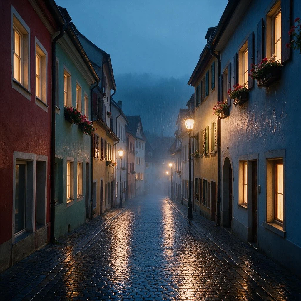 Turn this sunny old-town street into a rainy night scene. Keep the buildings, windows, flower boxes and perspective exactly the same. Make the cobblestones wet and glossy, reflecting warm glowing street lamps and lit windows, add light rain streaks and a soft blue evening mist, cinematic moody atmosphere.