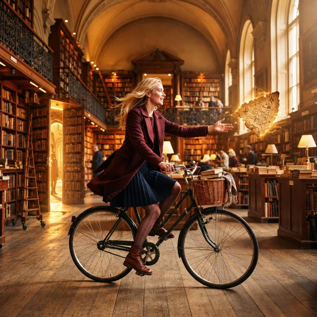 Transform the flying page into an ancient glowing map fragment while preserving the woman’s face, bicycle, motion, and library setting. Add a subtle hidden doorway beginning to open between two bookshelves, with warm mysterious light spilling through. Make the scene feel like the beginning of a secret chase through the library. Keep it elegant, adventurous, and story-driven.
