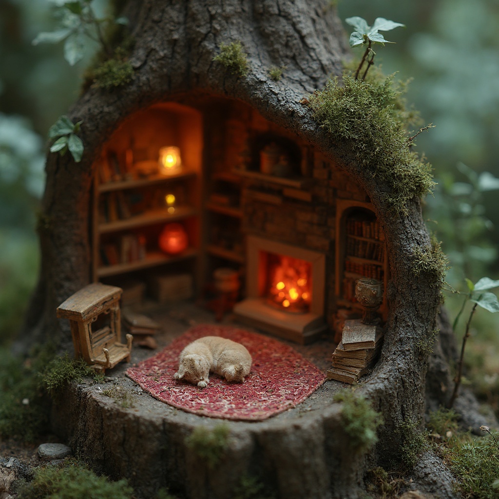 isometric diorama of a cozy witch's library in a hollow tree stump, tiny glowing potions on shelves, a miniature fireplace, a cat sleeping on a stack of books, magical and intricate details, tilt-shift effect, 3d render