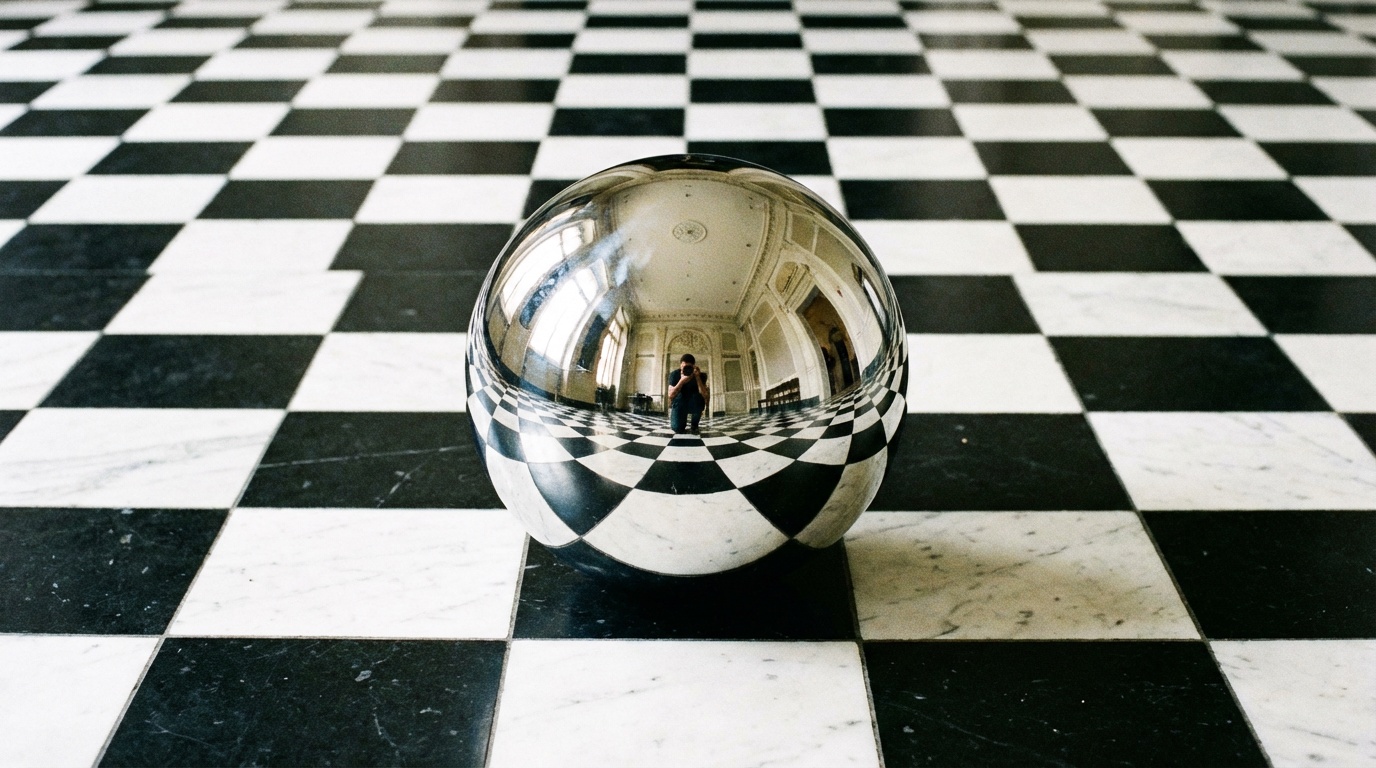 A perfectly reflective chrome (Chrome) mirror ball placed on a black and white checkerboard.