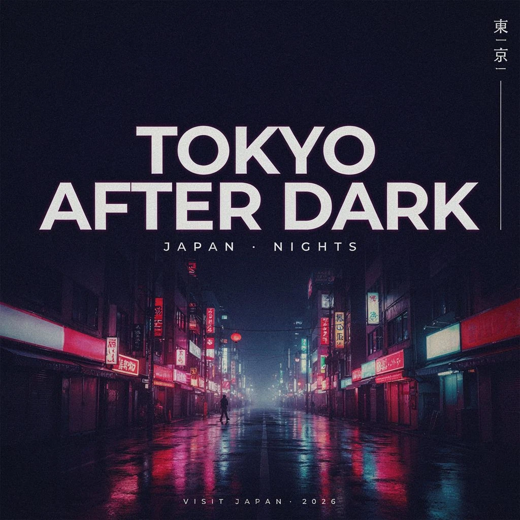 A premium travel poster for “TOKYO AFTER DARK”. Large, perfectly legible typography, bold modern sans-serif headline, neon-lit Tokyo streets at night, glowing signs, subtle reflections on wet pavement, deep blue, magenta, and electric red color palette, clean editorial layout, sophisticated Japanese graphic design, high-end tourism campaign.