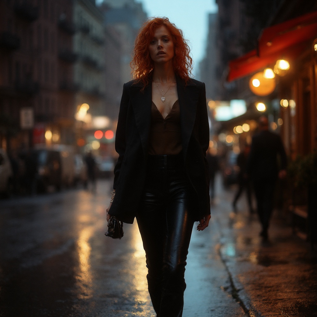 A full-body shot of a confident woman with fiery red hair, walking down a rain-slicked SoHo street at dusk. She's wearing an oversized, structured blazer, leather trousers, and sharp stiletto heels. The city lights create a cinematic bokeh effect in the background. Moody, atmospheric lighting, captured with a 35mm lens, fashion editorial style for Vogue.