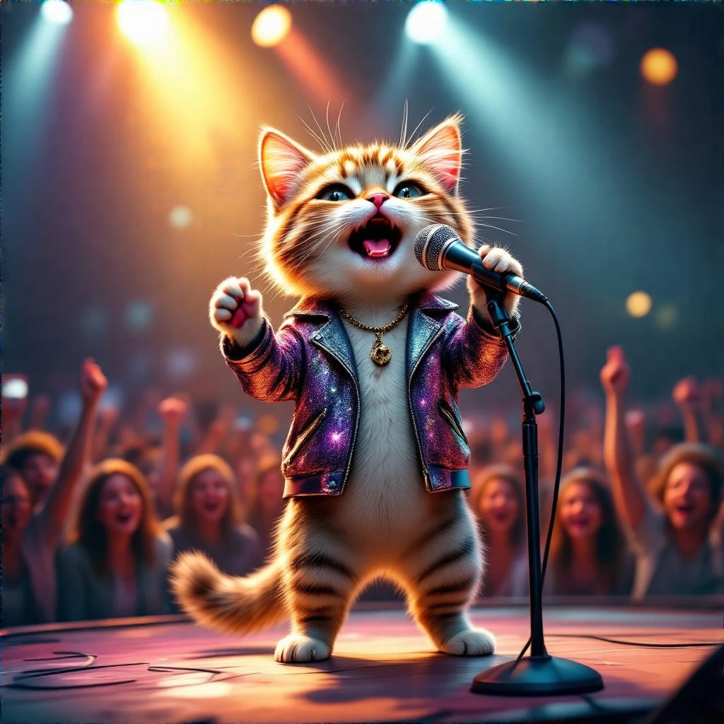 A realistic, brightly lit scene of a cute cat standing like a human on a concert stage, passionately singing into a microphone. The cat wears a sparkly jacket, surrounded by stage lights and a cheering audience. Dramatic spotlight, expressive eyes, dynamic pose, full of emotion, vibrant colors, high detail, cinematic atmosphere.
