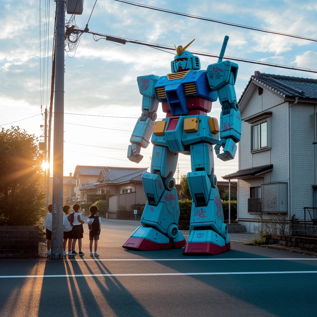 Summer in 1980s Showa-era Japan, after-school kids watch in amazement as a slightly old, graffiti-covered giant mech slowly walks past the street corner of a residential area. Golden light of the sunset, nostalgic film grain, shaky handheld DV camera aesthetic.