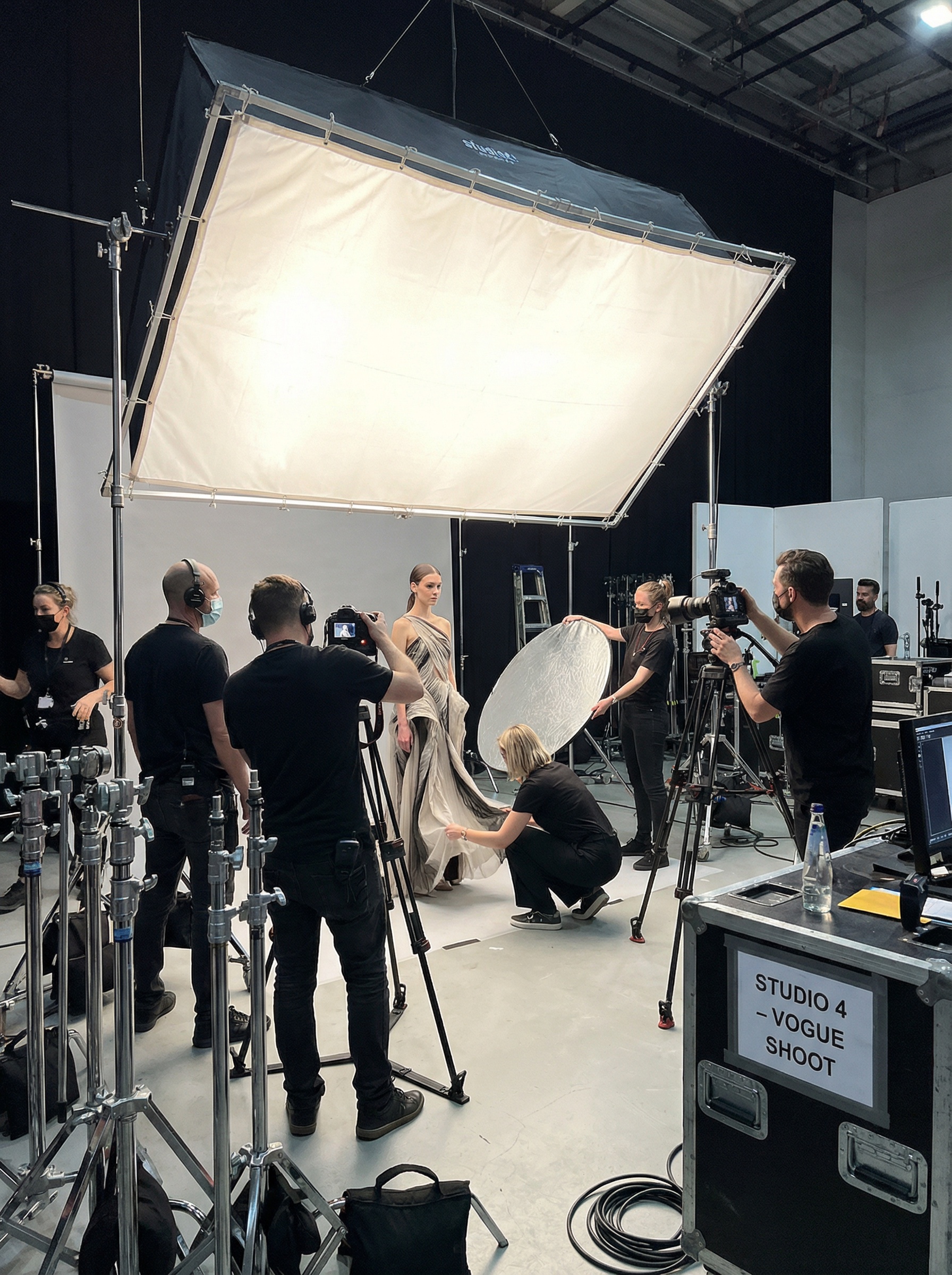 behind-the-scenes of a high-end commercial shoot, fashion model under giant soft lights, photographers, stylists fixing details, production assistants holding reflectors, studio filled with pro equipment, crisp realistic image