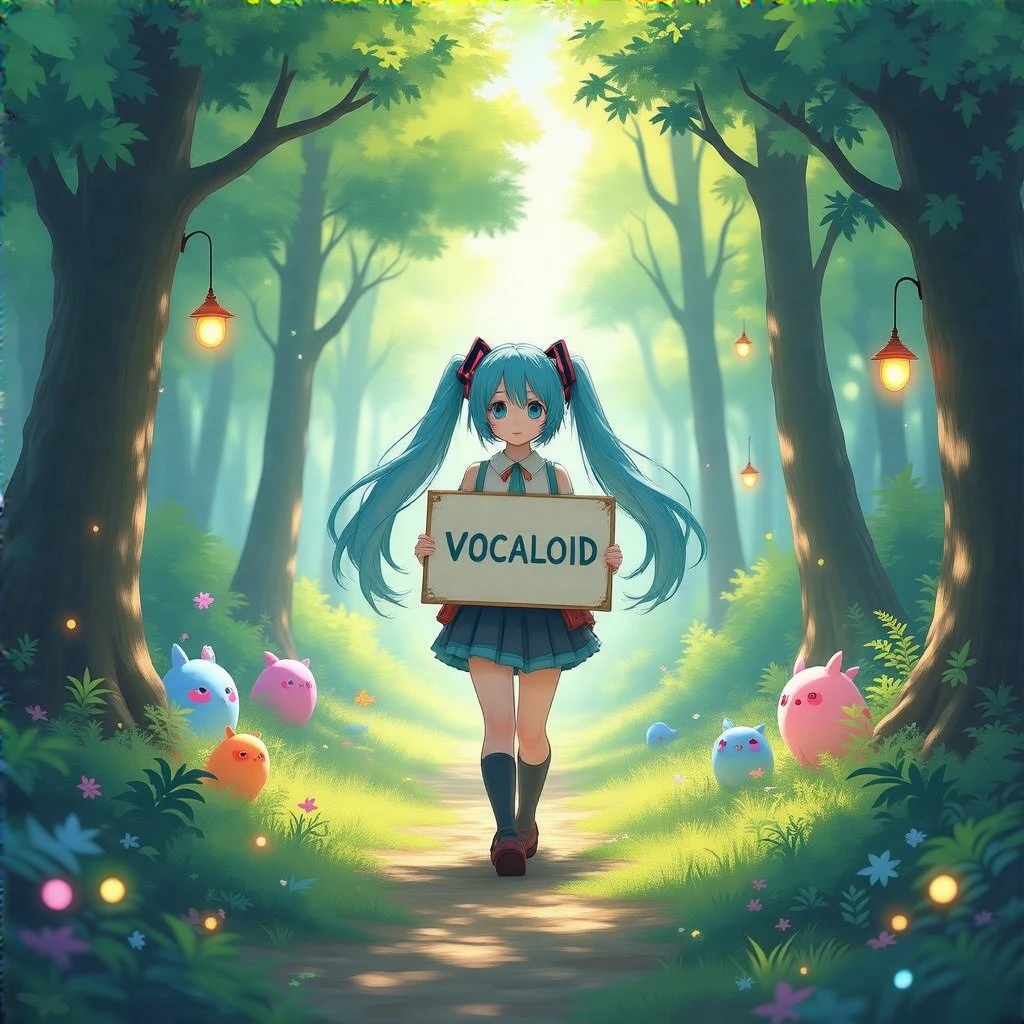 A Ghibli-inspired scene featuring a Hatsune Miku walking through a lush forest and holding a sign saying 'VOCALOID', with vibrant colors, soft lighting, and whimsical details like floating lights and colorful, magical creatures. The scene captures a peaceful, enchanted atmosphere.