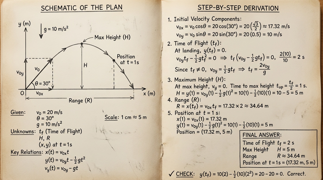 Please create a solution layout for a mathematics problem with a paper-texture background. Requirements: split the canvas into left and right sections—\emph{left:} schematic of the plan (arrows/notes, scale, directions); \emph{right:} step-by-step derivation. Use consistent annotations in the figure: known quantities, unknowns, key relations, and coordinate axes or normals. Box the final answer and include a check. \textbf{Problem:} Given $v_0=20\,\text{m/s}$ and $\theta=30^\circ$, find the time of flight, the maximum height, and the range, and output the position at $t=1\,\text{s}$. Take $g=10\,\text{m/s}^2$. draw the question and solution.