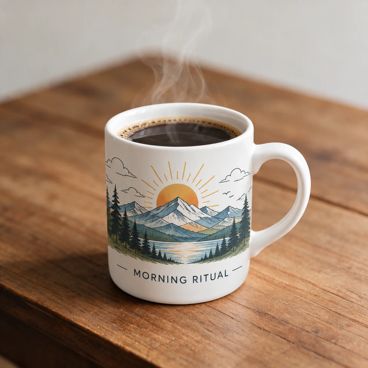 Turn this plain mug into a product mockup: print a hand-drawn illustration of a mountain sunrise wrapping around the mug, with the words "MORNING RITUAL" in clean sans-serif letters beneath it. Add steam rising from fresh coffee inside, keep the table and lighting.