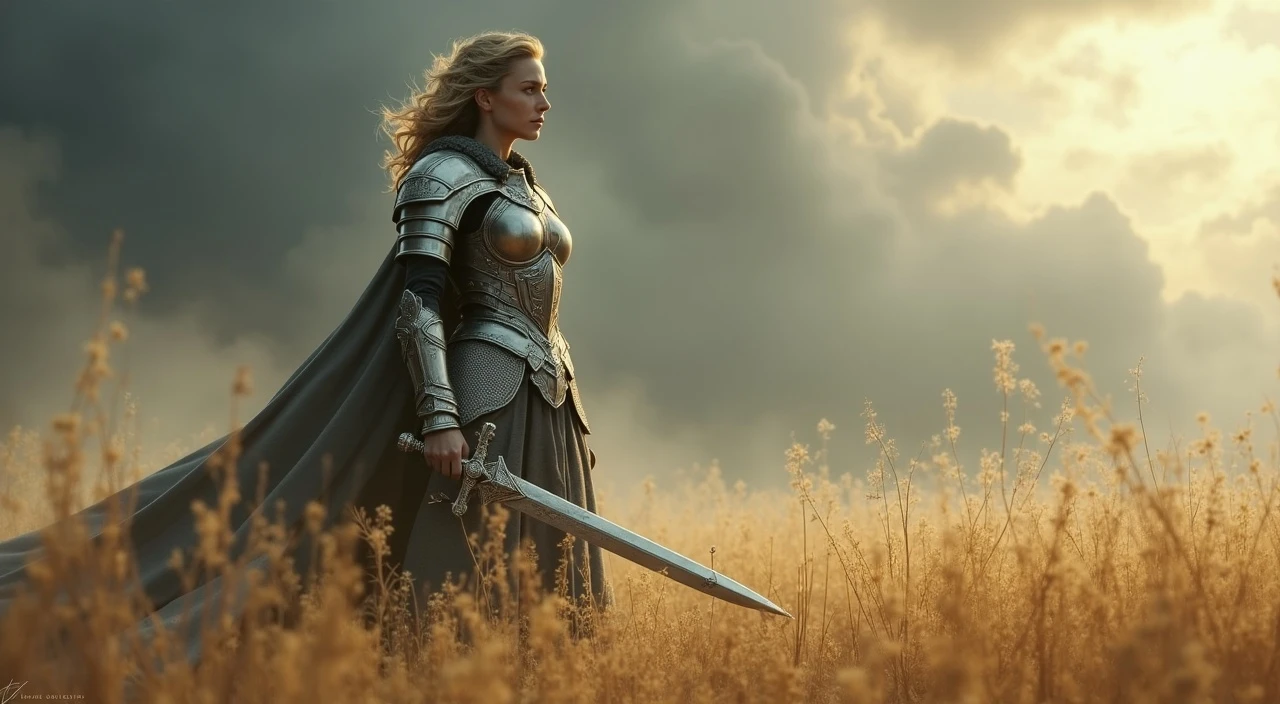 A dramatic fantasy scene of a fierce female warrior clad in intricately detailed silver armor, standing tall in a windswept golden field. Her sword gleams under the stormy sky, and her cloak billows in the wind, evoking the mood of a heroic epic.