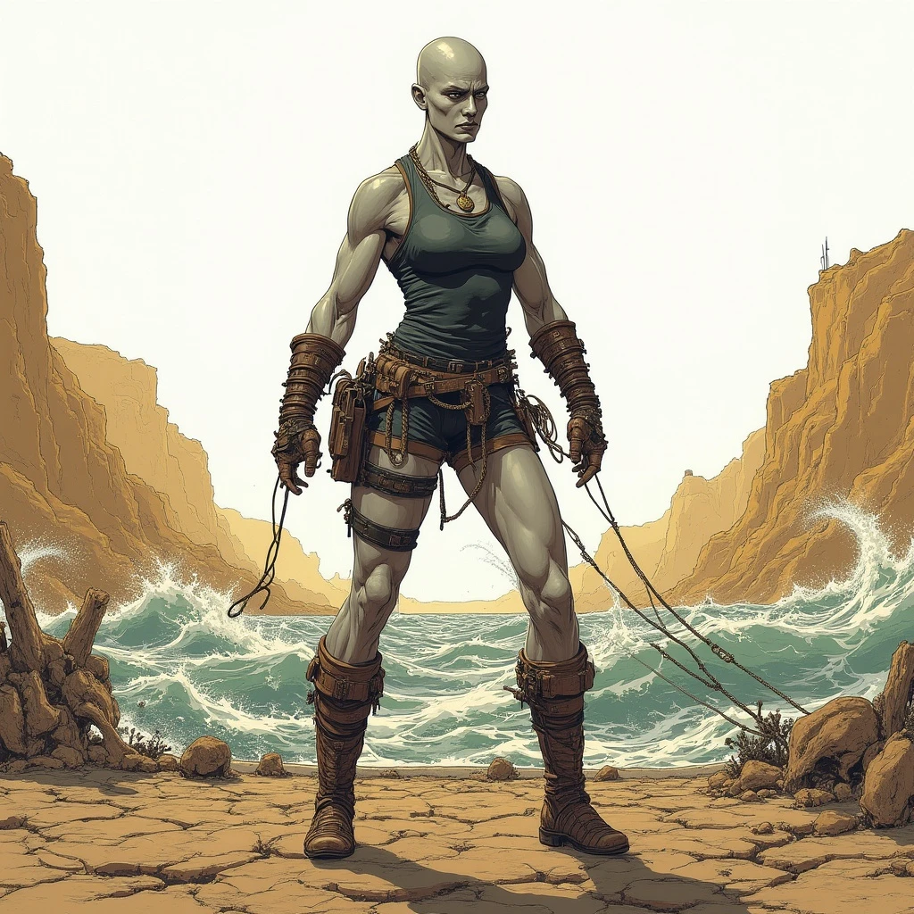Bande dessine, franco-belgian comics, in a vibrant, detailed comic book art style. A muscular female goliath with stone-grey skin, bald and around 30 years old, stands confidently on the deck of a ship. She wears a tight-fitting tank top and short sailor pants, embodying a rugged, dynamic fighter. Cracked earth and skeletal remains stretch across a desolate wasteland in the background, underscoring a harsh, oppressive atmosphere, with a bright white sky beating down under the Dark Sun. The colors are desaturated, featuring sandy browns and muted yellows. The goliath battles the waves, skillfully maneuvering ropes and sails, with a determined expression that hints at a lifetime of hardship and adventure. Textures are rough and gritty, conveying the raw nature of the environment. The scene exemplifies a thrilling fantasy theme, where the struggle between the sailor and the elements unfolds, perfectly framing the goliath's powerful stance amidst the expansive, barren landscape.