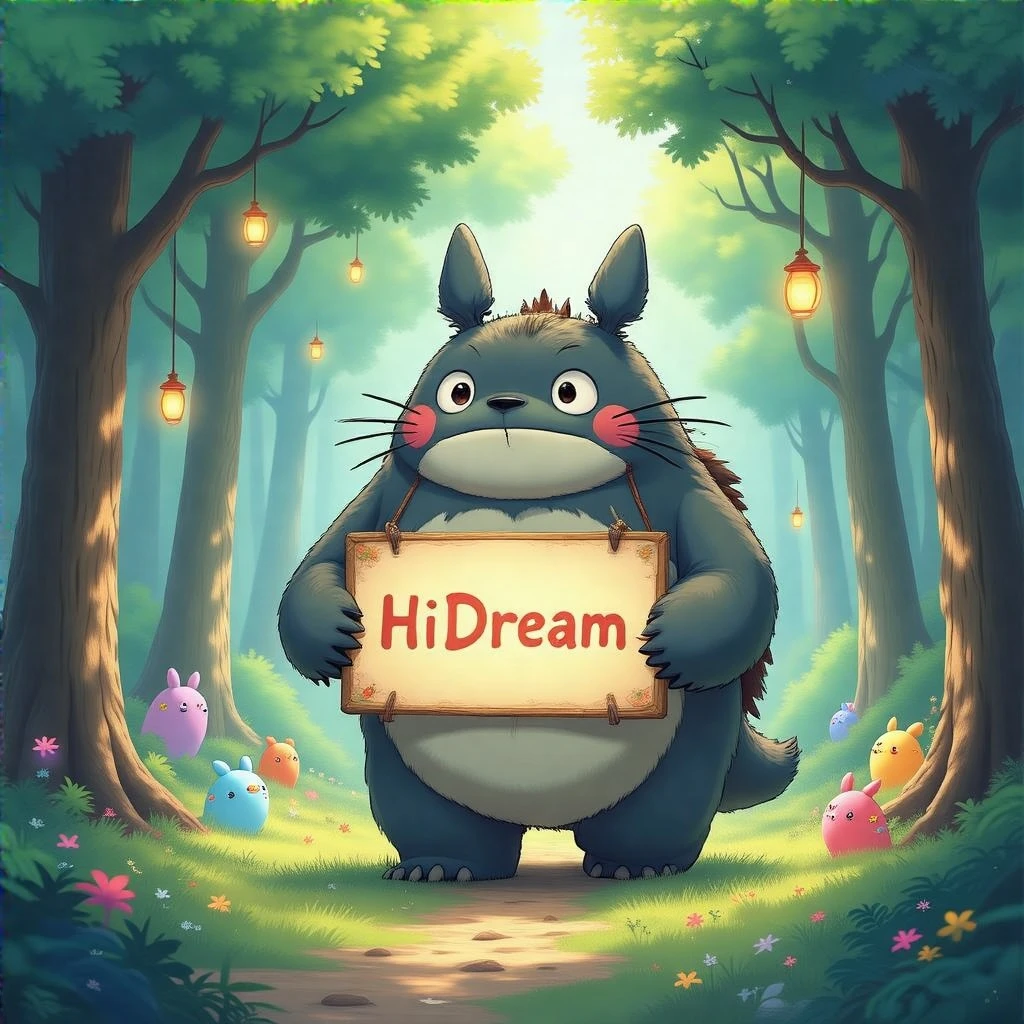 A Ghibli-inspired scene featuring a giant, friendly creature walking through a lush forest and holding a sign saying 'HiDream', with vibrant colors, soft lighting, and whimsical details like floating lights and colorful, magical creatures. The scene captures a peaceful, enchanted atmosphere.