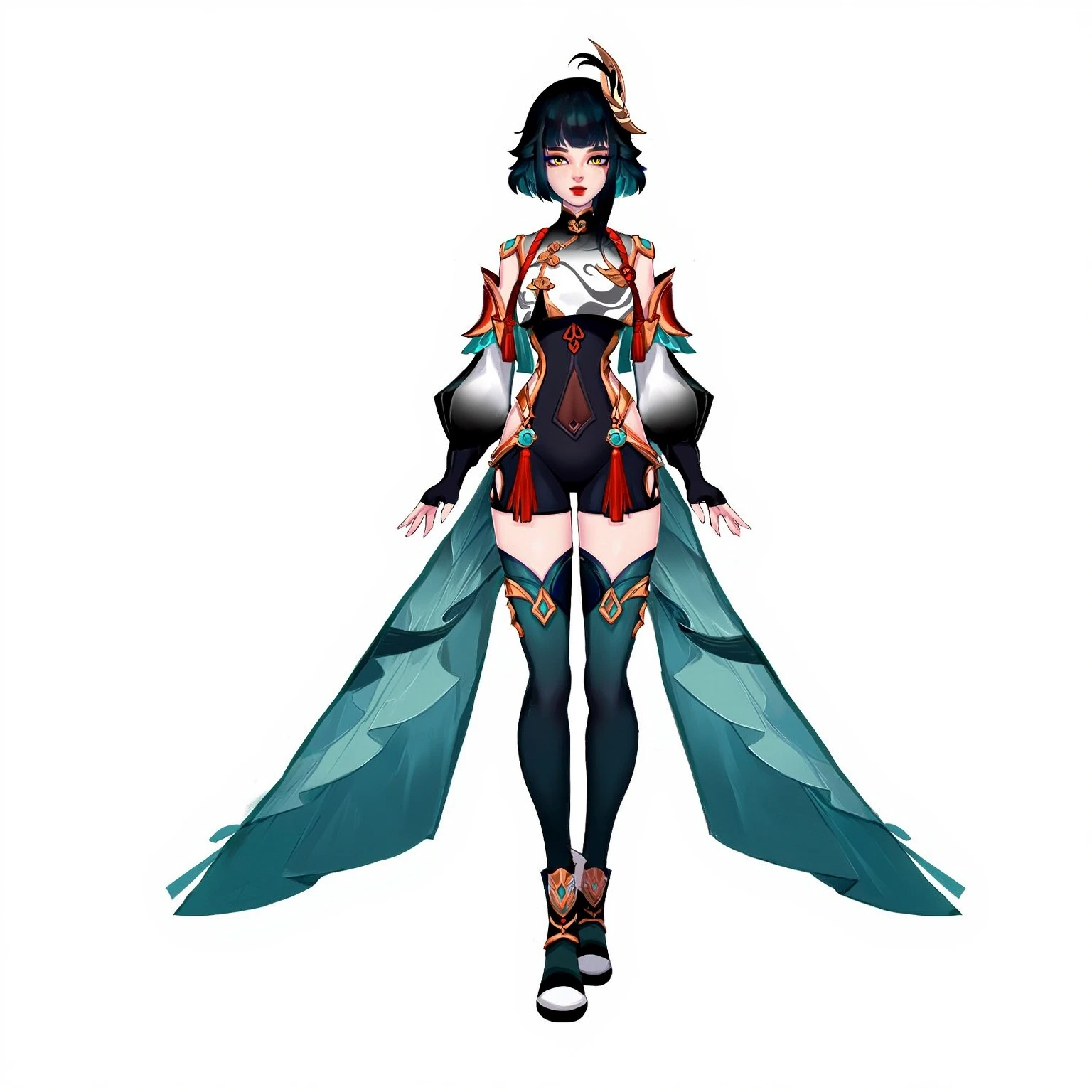 1girl, solo, full body, standing,
A beautifully designed anime character standing in a confident pose
with detailed costume design and expressive features. Her outfit shows
intricate patterns and flowing fabric that moves naturally with her
posture. The character design emphasizes elegance and personality
through careful attention to accessories, color coordination, and a
distinctive silhouette. clean background, character design,
full body illustration, best quality