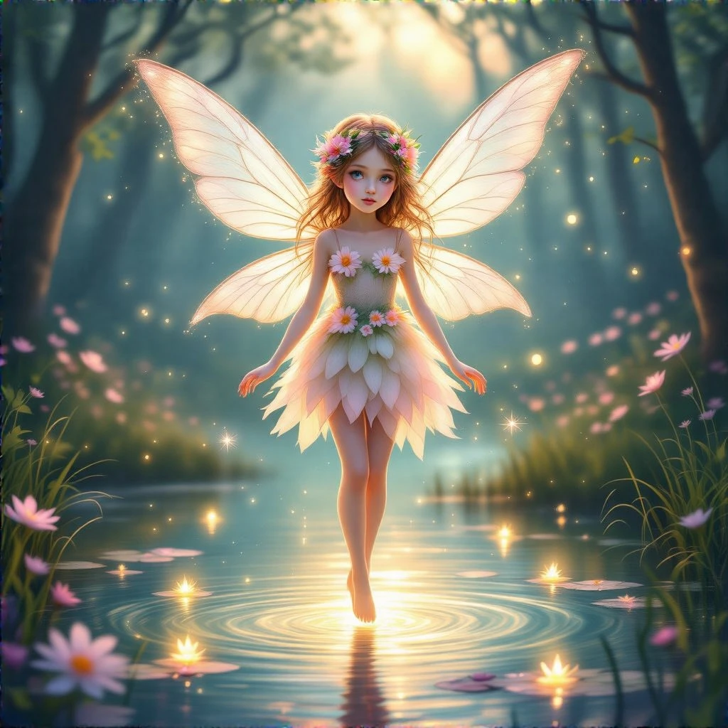 A delicate fairy girl with translucent wings floating above a glowing forest lake at dusk, wearing a flower-made dress, soft magical lights surrounding her, sparkles in the air, dreamy atmosphere, pastel color palette, detailed face and eyes, fantasy illustration style, ultra-detailed background