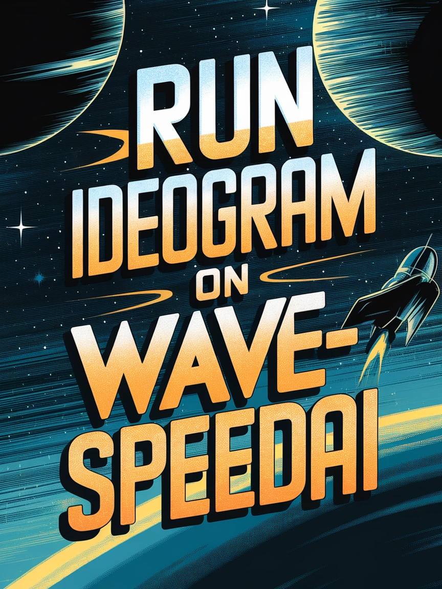 A beautiful typographic poster with the text "Run Ideogram on WaveSpeedAI", against an epic space scene
