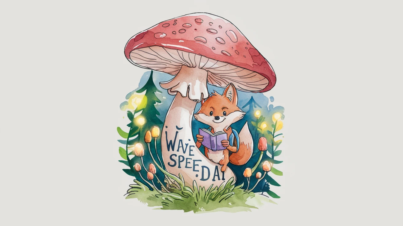 A whimsical watercolor illustration for a children's book. A friendly fox wearing a small backpack is reading a book under a large, magical mushroom. The forest around him is vibrant and full of glowing flowers. The words 'WavespeedAI' are subtly integrated into the roots of the mushroom. a painting, vibrant, fantasy.