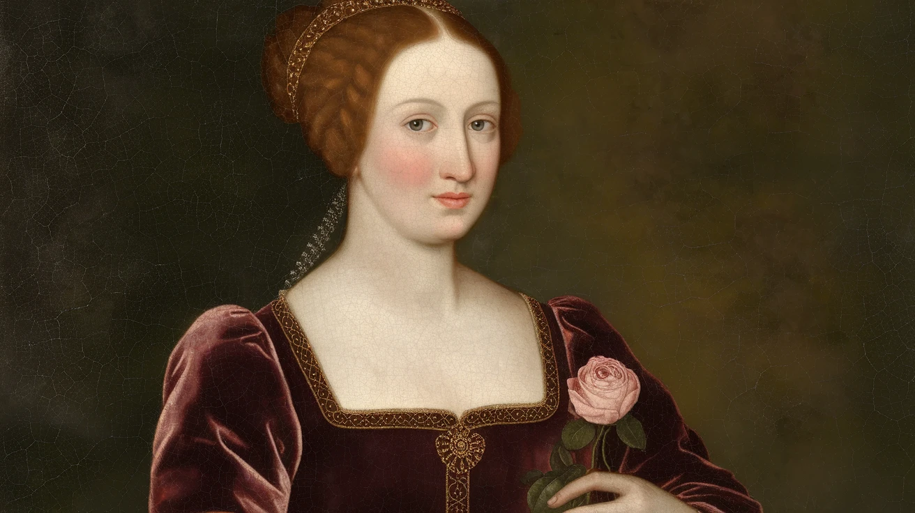 Renaissance-style oil painting of a noblewoman in a velvet dress, holding a rose, soft Rembrandt lighting, detailed brush textures, realistic eyes and skin