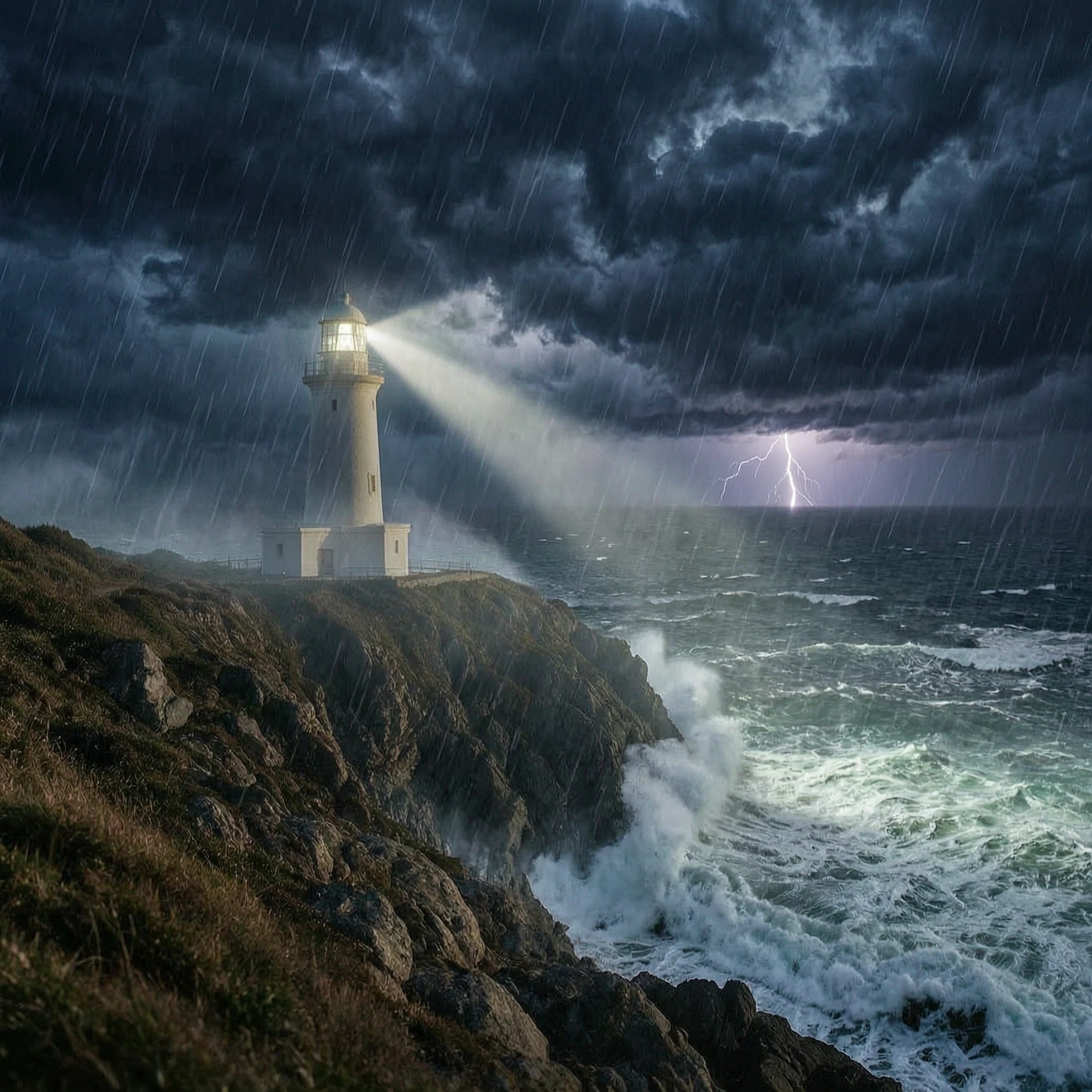 Turn this calm scene into a dramatic stormy night: huge waves crashing against the rocks, dark swirling clouds, a lightning bolt in the distance, rain in the air, and the lighthouse beam cutting through the storm. Keep the lighthouse and cliff shape unchanged.