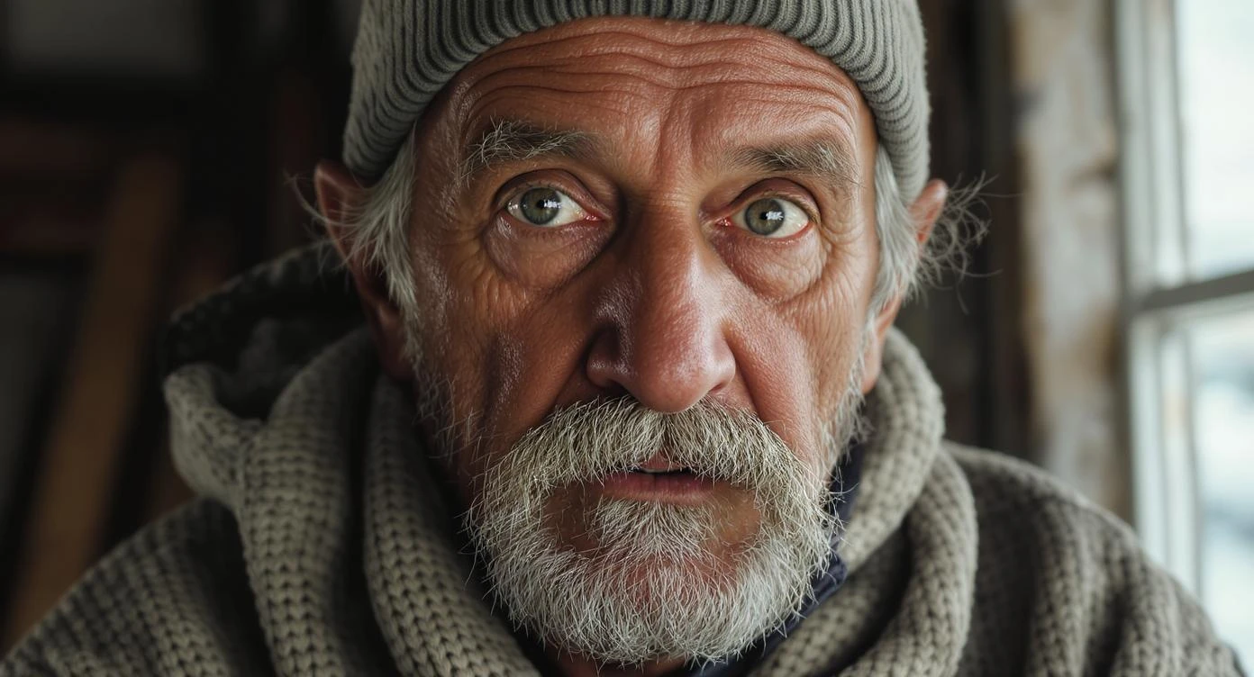 RAW photo, close-up portrait of an old fisherman with deep wrinkles and kind eyes, weathered skin, wearing a wool sweater, soft natural window light, looking directly at the camera. Photorealistic, sharp focus, intricate details. Shot on Sony A7 IV, 85mm f/1.4 lens.