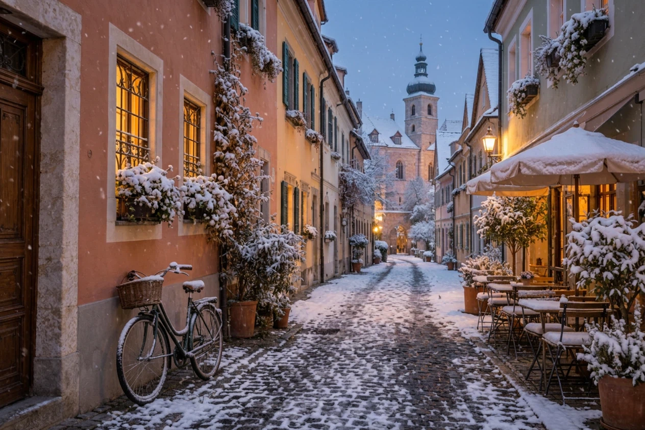 Turn this into a snowy winter evening: snow on the rooftops and cobblestones, warm light glowing from the windows, gentle snowfall. Keep the buildings and composition the same.