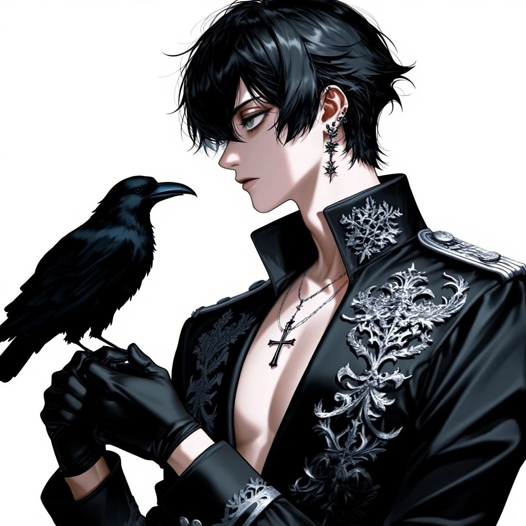 1boy, solo, male, handsome, young man, messy black hair, sharp gray eyes, white background, ornate black military jacket, gothic jacket, silver embroidery, black raven, crow, gloved hands, multiple earrings, silver cross necklace, exposed chest, gothic aesthetic, vampire, cold expression, side profile, dramatic lighting, high detail, black butler, kuroshitsuji