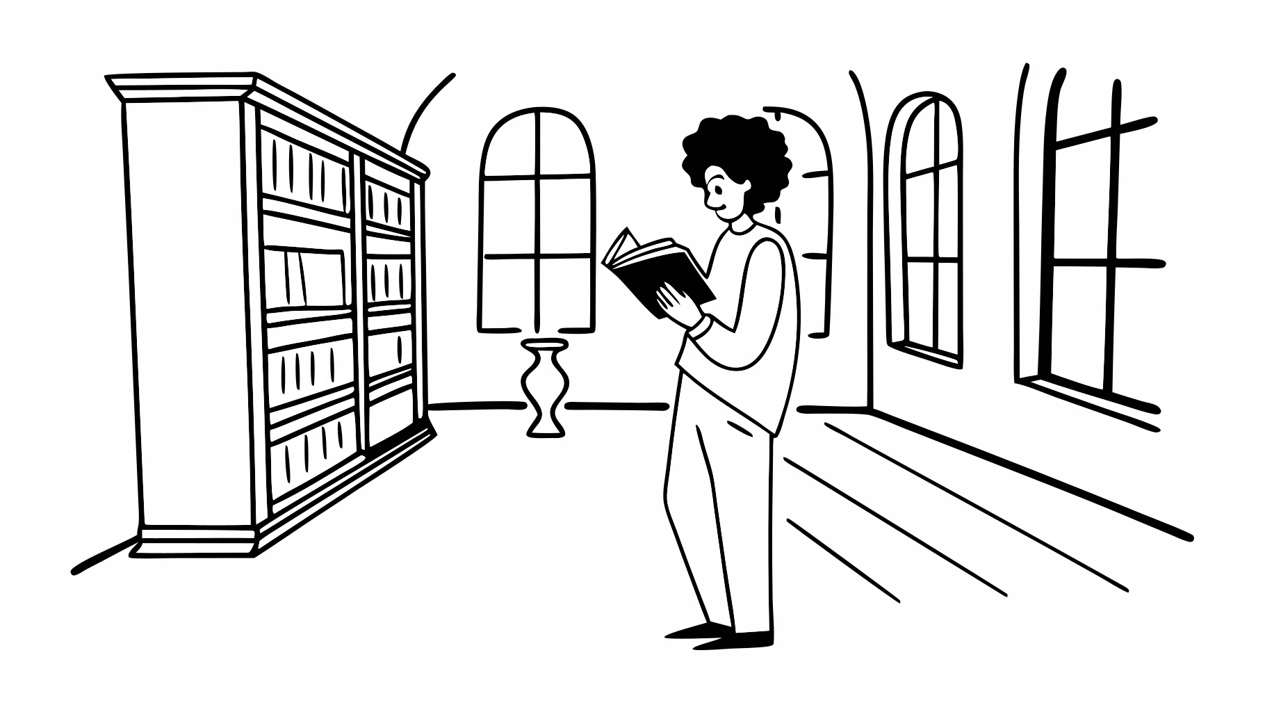 Young man with curly hair reading a book in a vintage library, warm sunlight casting shadows