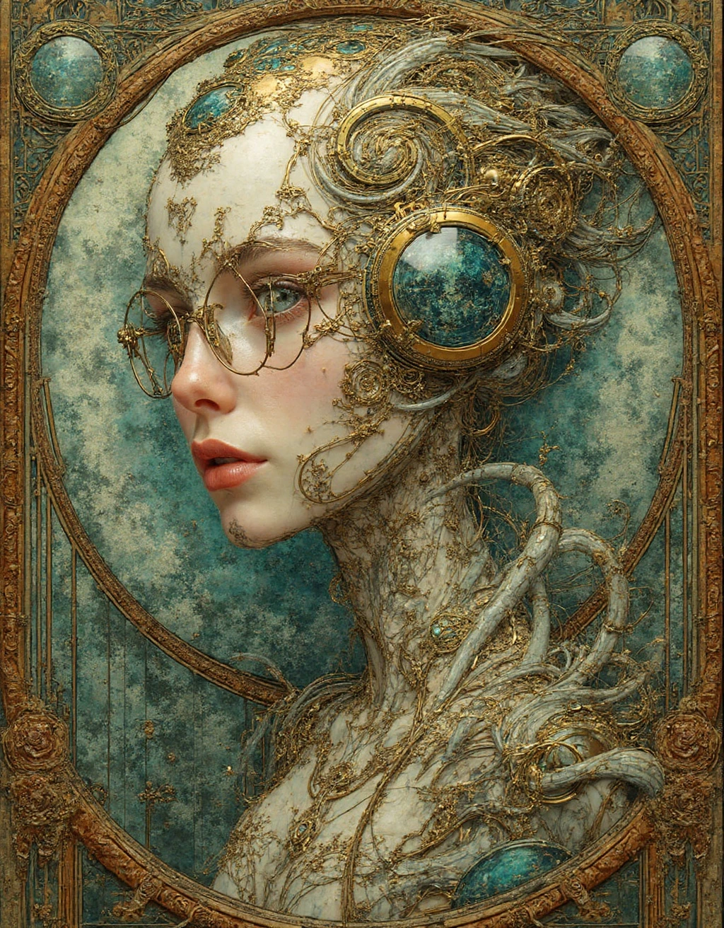 Art Nouveau style portrait of a cyberpunk android, intricate flowing lines and organic patterns integrated with futuristic cybernetics, stained glass and mother of pearl details, elegant and high-tech, style of Alphonse Mucha and Syd Mead