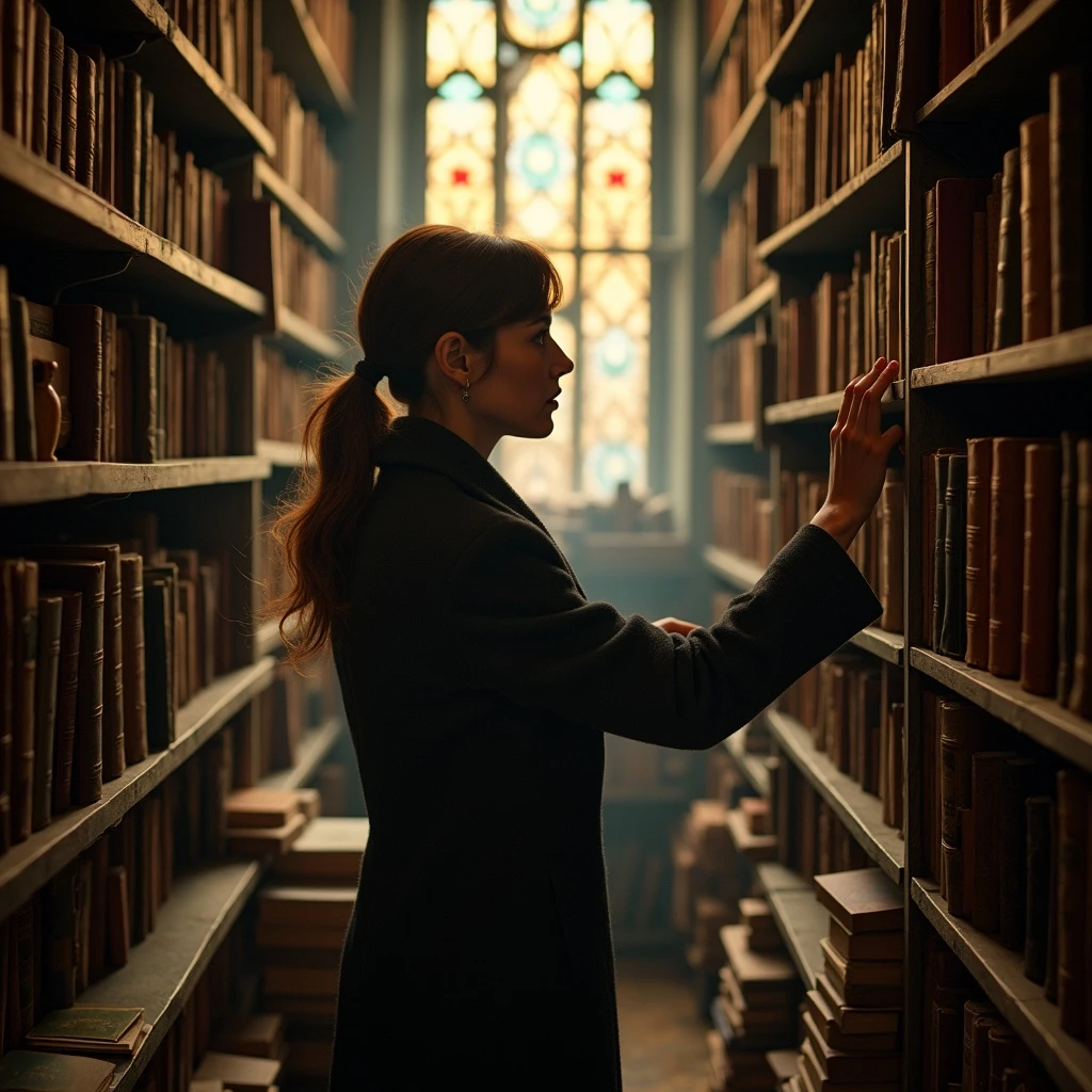 Inside a narrow antique bookstore in Prague, a woman in a wool coat runs her fingers across a shelf of leather-bound novels. Dust particles dance in the golden afternoon light filtering through stained-glass windows. The scene is quiet, textured, and intimate—camera glides over piles of books, ticking clocks, and her thoughtful gaze. It's as if time has slowed in a forgotten corner of the world.
