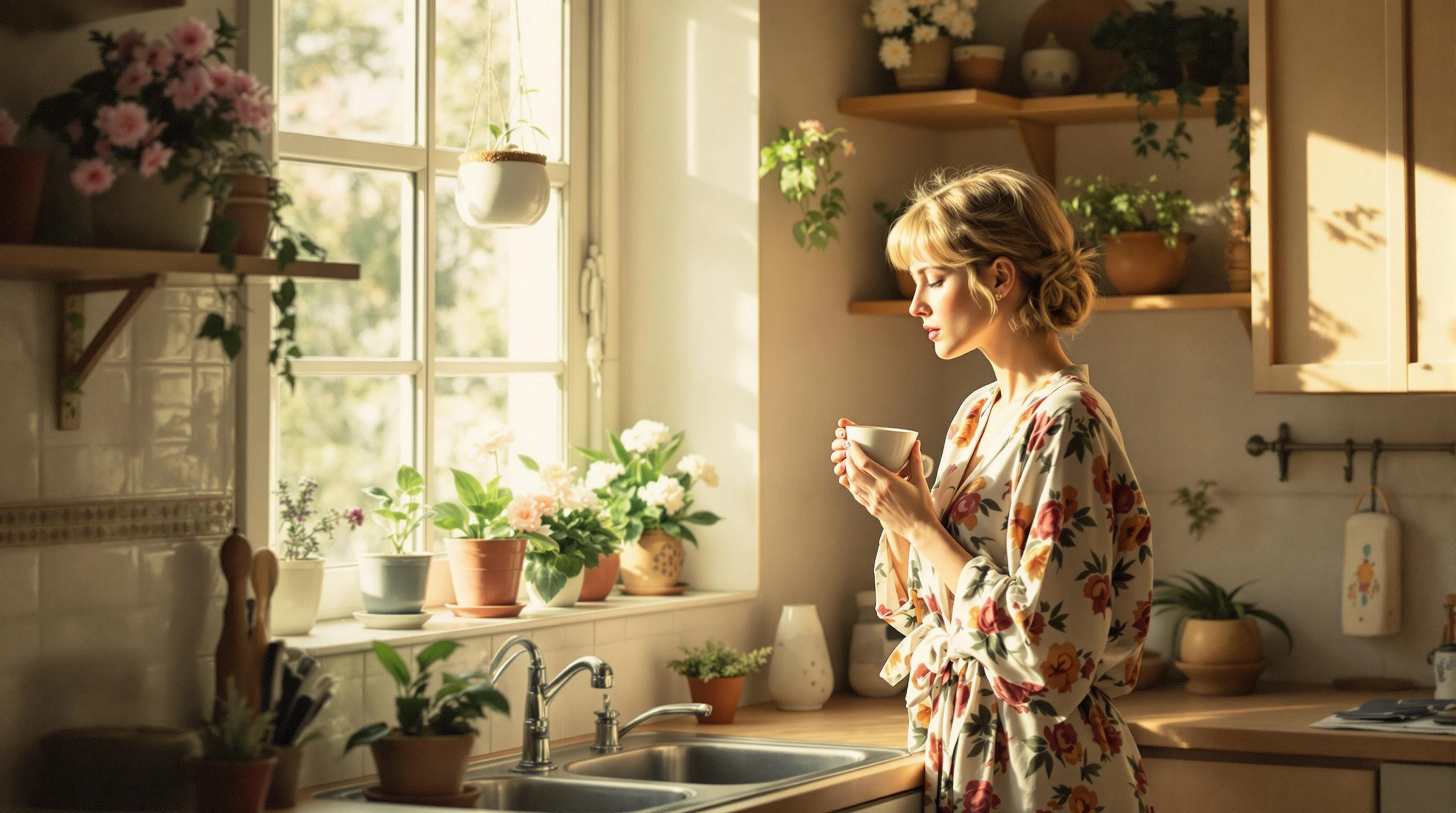 A warm retro-style morning scene: a woman in a faded floral robe stands quietly by a sunlit kitchen window, sipping tea from a porcelain cup. The old tiles, wooden shelves, and blooming potted plants evoke a nostalgic, peaceful home atmosphere from the 1980s.