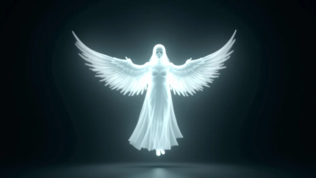 A glowing, ethereal figure floats in the dark space, making it look almost like an angel. It has a calm and peaceful feeling, as if exuding a peaceful atmosphere, and its wings are composed of white light. This figure is completely composed of a soft and delicate beam of energy, which has an impressionist effect on the surrounding environment.