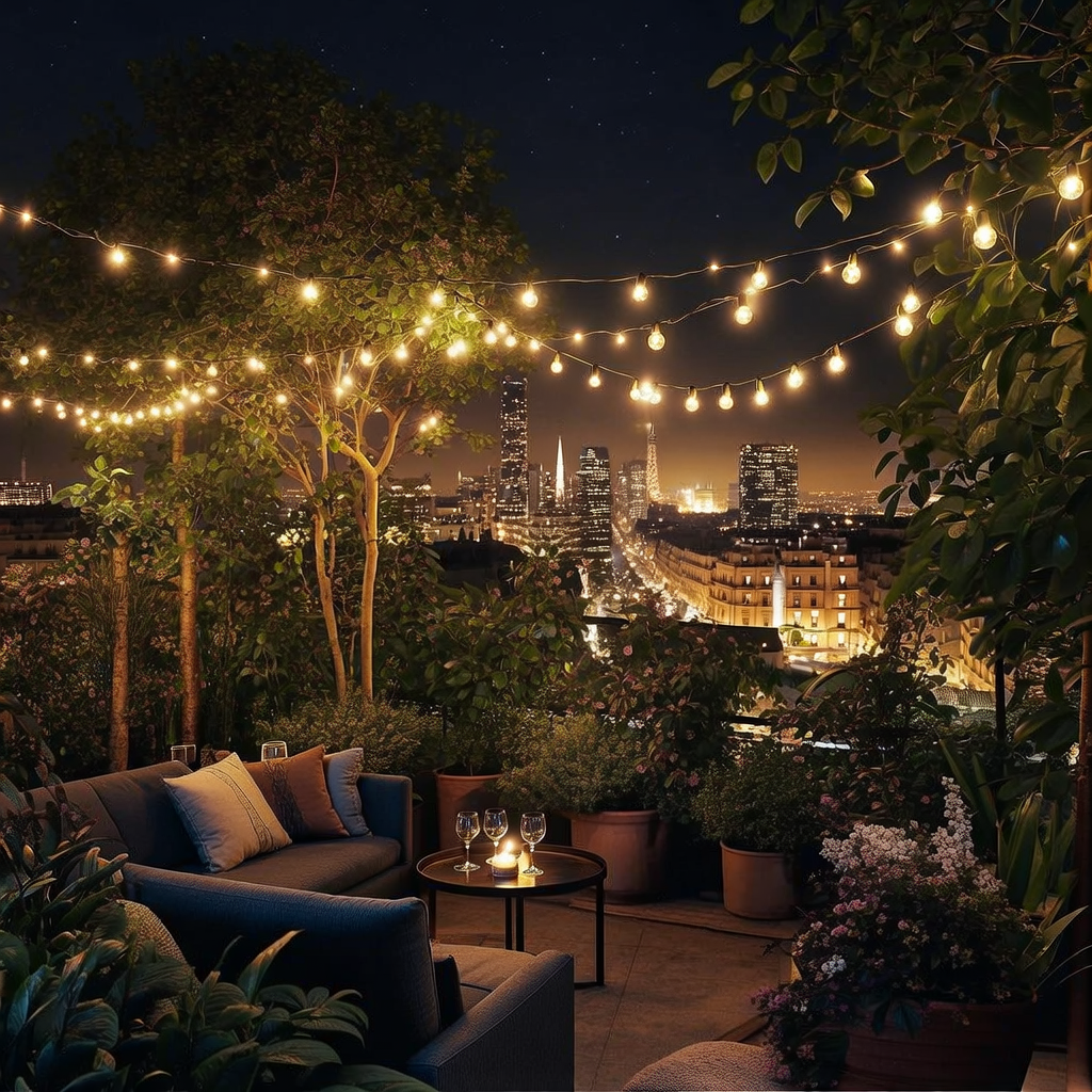 A cozy rooftop garden in Paris under the warm glow of lights at night overlook
